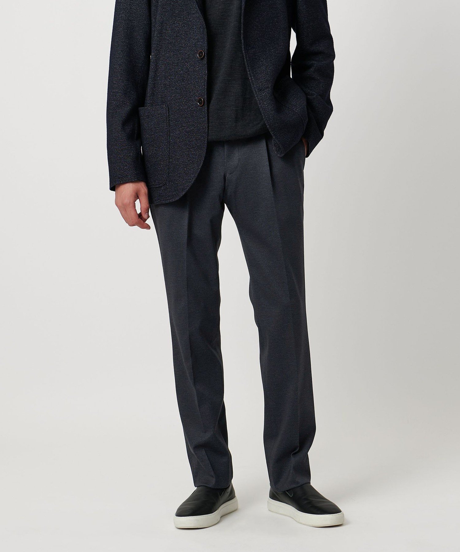 UNITED ARROWS デニムプリント スリムテーパード サイドシャーリング 1プリーツ スラックス COMFORT EASY-MODEL ヨコストレッチ ユナイテッドアローズ アウトレット パンツ スラックス・ドレスパンツ ネイビー