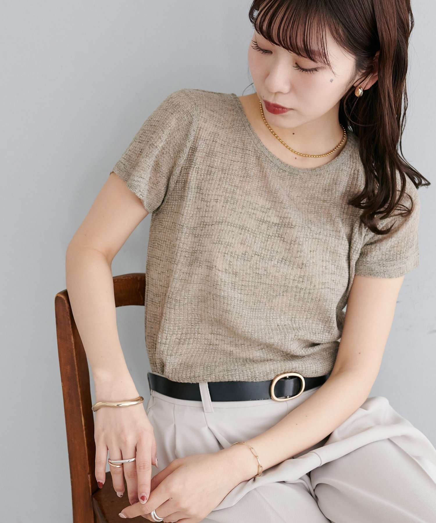 【WEB限定】シアーワッフルクルーネックコンパクトTシャツ ディスコート トップス カットソー・Tシャツ ホワイト グレー ネイビー グリーン