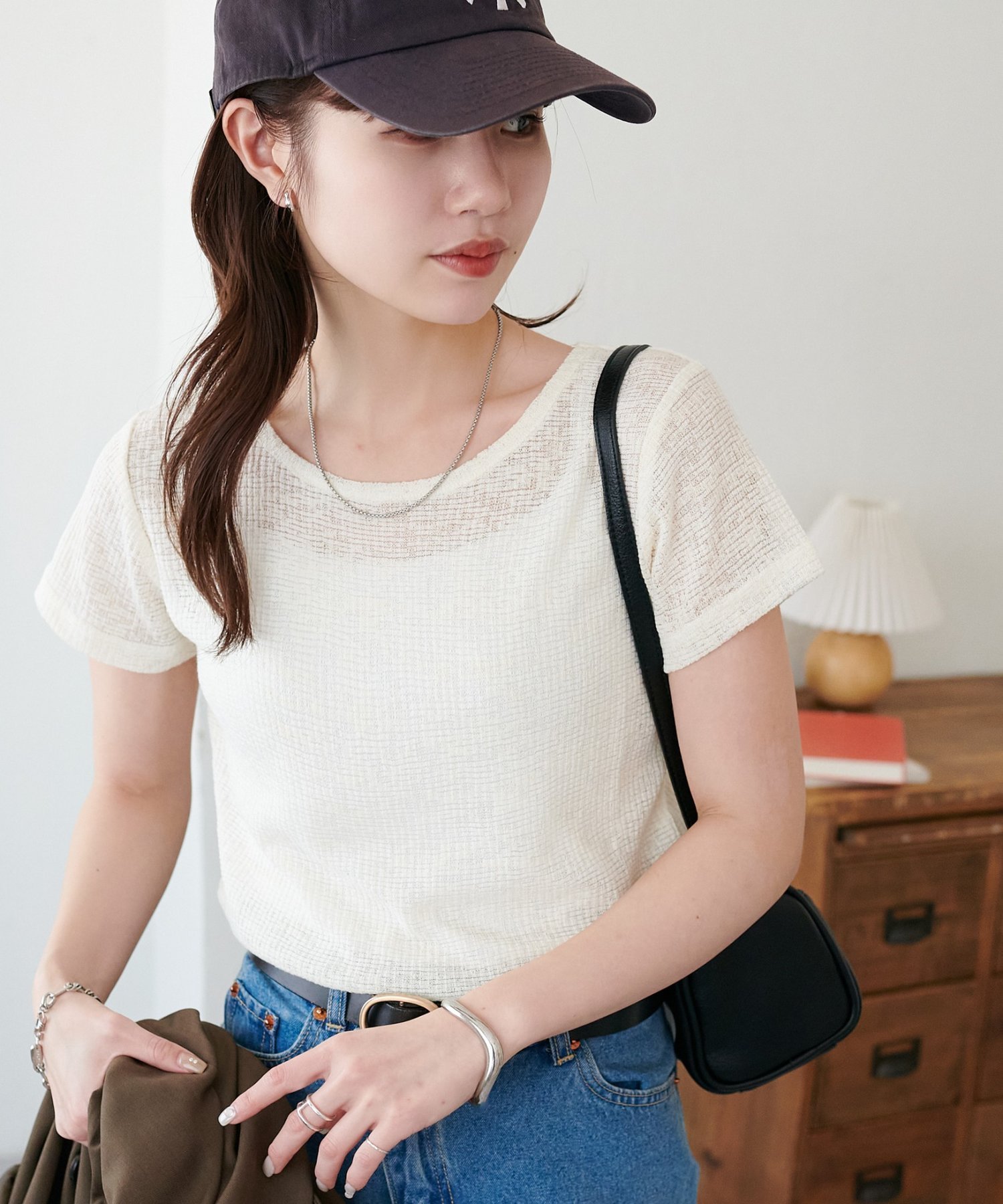 Discoat 【WEB限定】シアーワッフルクルーネックコンパクトTシャツ ディスコート トップス カットソー・Tシャツ ホワイト グレー ネイビー グリーン【送料無料】