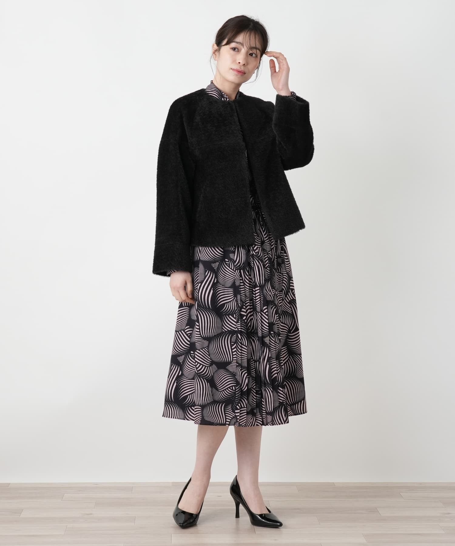 Leilian ノーカラーショートコート レリアン ジャケット・アウター ステンカラーコート ブルー ブラック