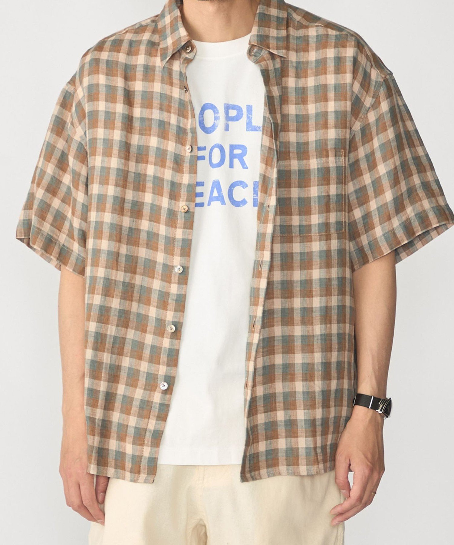 MEN SHIPS: リネン チェック リラックス ショートスリーブ シャツ シップス トップス シャツ・ブラウス ブラウン ネイビー ブルー カーキグリーン