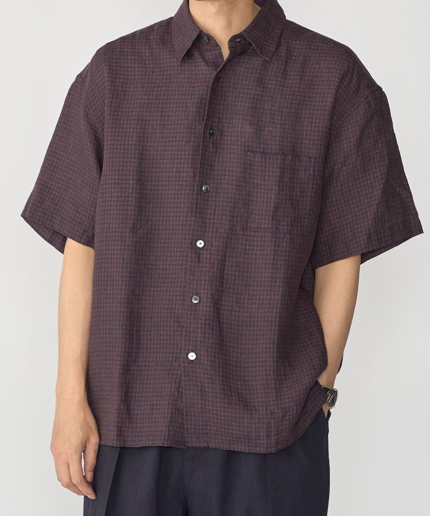MEN SHIPS: リネン チェック リラックス ショートスリーブ シャツ シップス トップス シャツ・ブラウス ブラウン ネイビー ブルー カーキグリーン