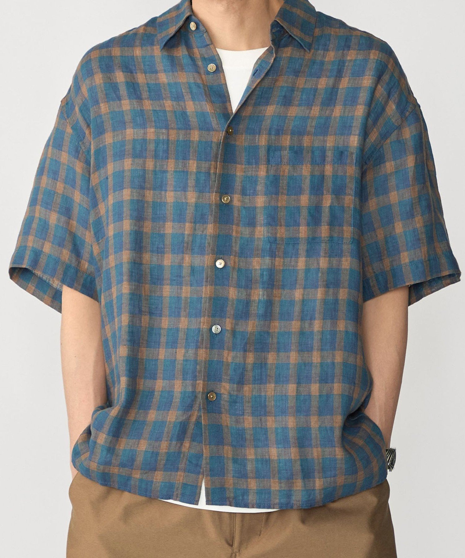 【SALE／30%OFF】SHIPS MEN SHIPS: リネン チェック リラックス ショートスリーブ シャツ シップス トップス シャツ・ブラウス ブラウン ネイビー ブルー カーキグリーン【送料無料】