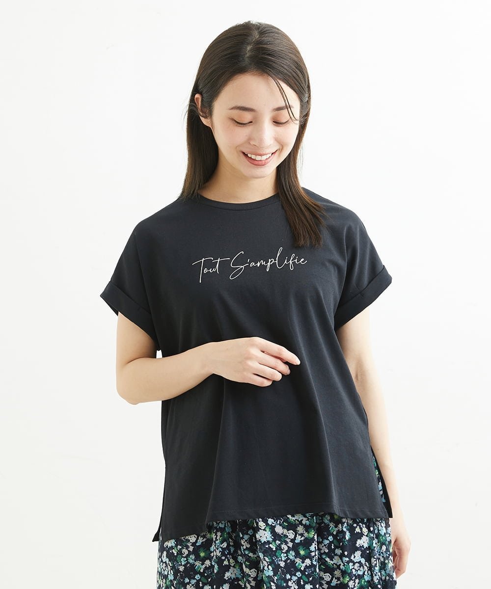 MK MICHEL KLEIN（小さいサイズ） フレンチスリーブロゴTシャツ/洗える メゾンドゥサンク トップス カットソー・Tシャツ ブラック ホワイト