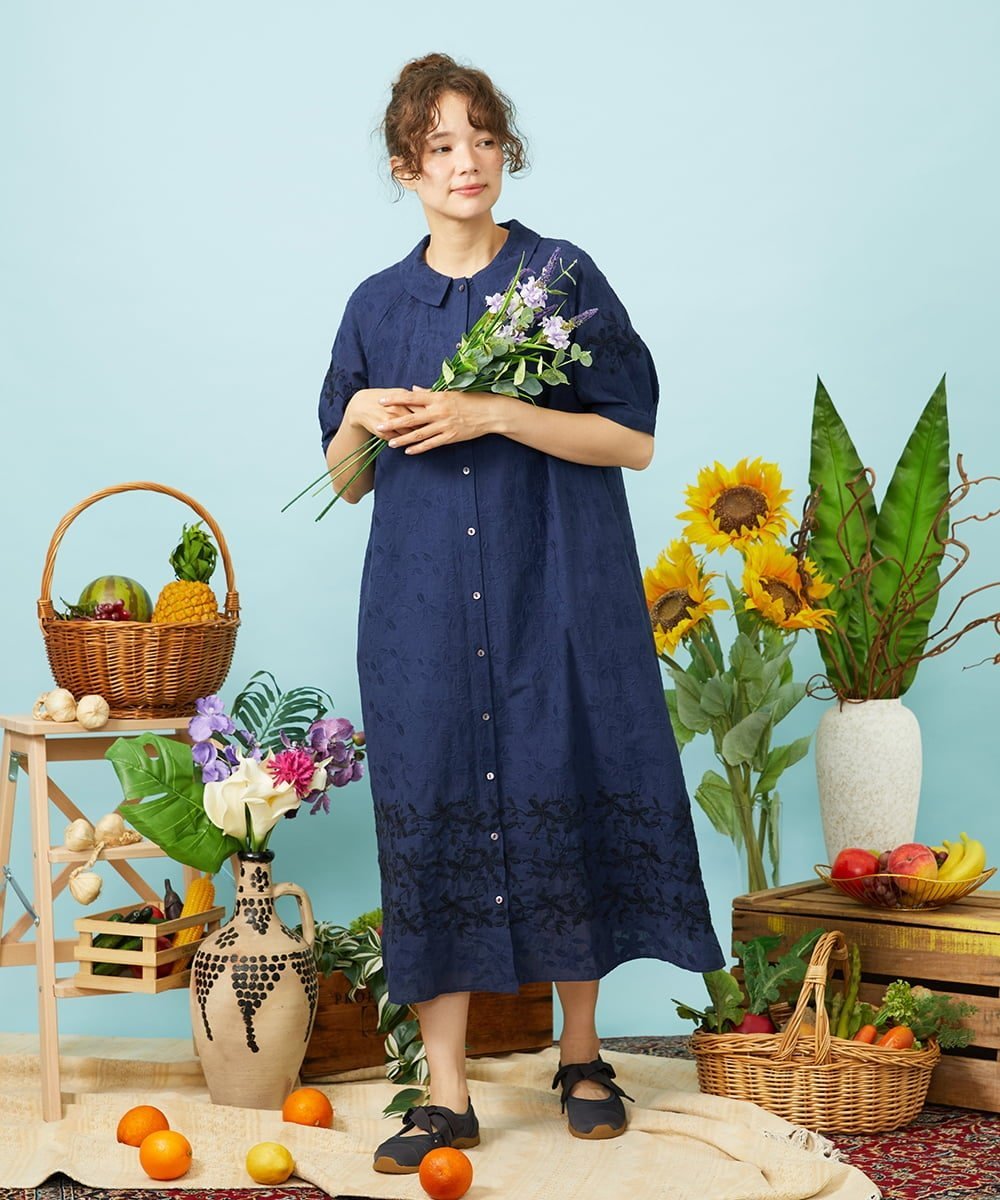 Jocomomola Sendero de flores フラワー刺繍シャツワンピース ホコモモラ ワンピース・ドレス ワンピース ネイビー ホワイト