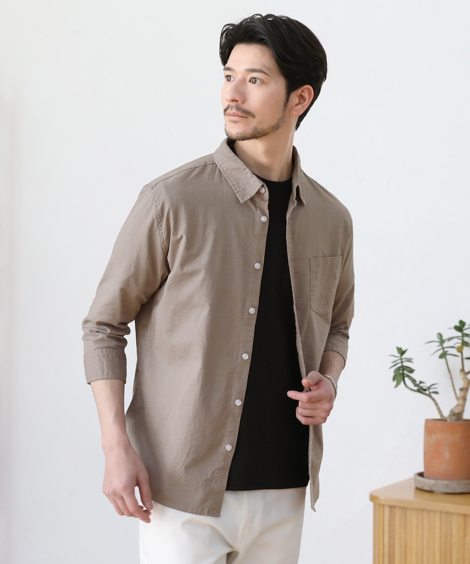 【SALE/16%OFF】SPU 先染め綿麻ストレッチレギュラーカラー七分袖シャツ カジュアル トップス シャツ・ブラウス グレー カーキグリーン ブルー グリ...