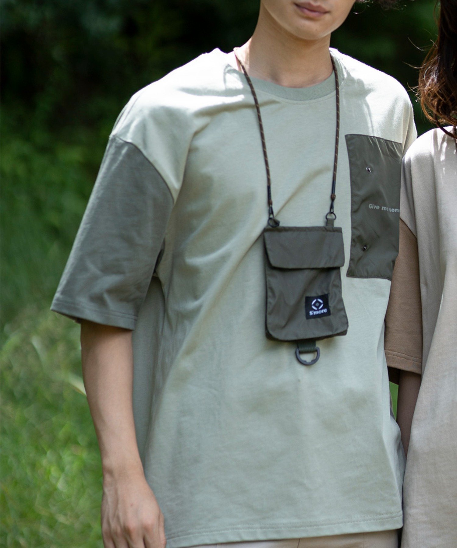 S'more S'more/2WAY REMOVABLE POCKET COTTON CREW NECK BIG S/S T-SHIRT アイモハ トップス カットソー・Tシャツ グリーン ブラウン