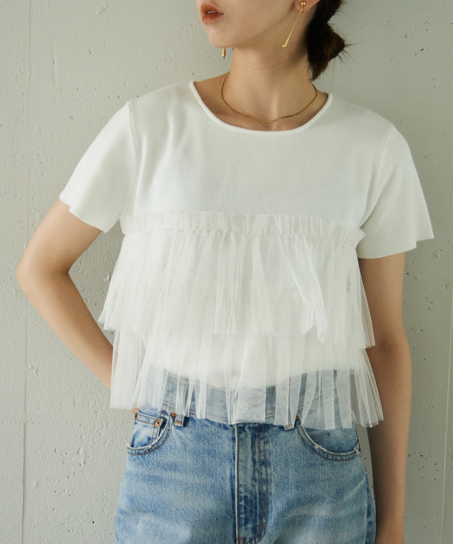 【SALE／52%OFF】MAISON BREEZE reveur MAISON BREEZE reveur/(W)ショートスリーブチュールフリルニット セットアップセブン トップス ニット ブラック グレー ホワイト
