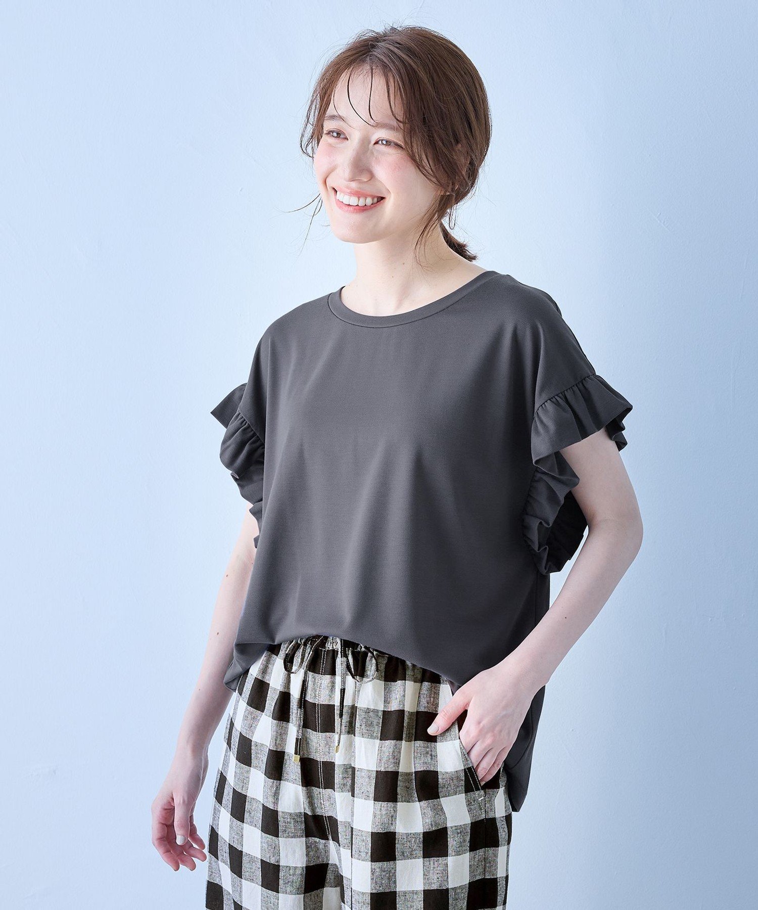 ストレッチピケフリルTシャツ エニィ トップス カットソー・Tシャツ グリーン ホワイト グレー
