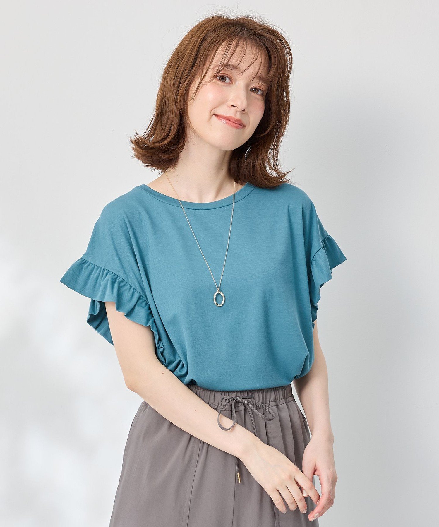 ストレッチピケフリルTシャツ エニィ トップス カットソー・Tシャツ グリーン ホワイト グレー