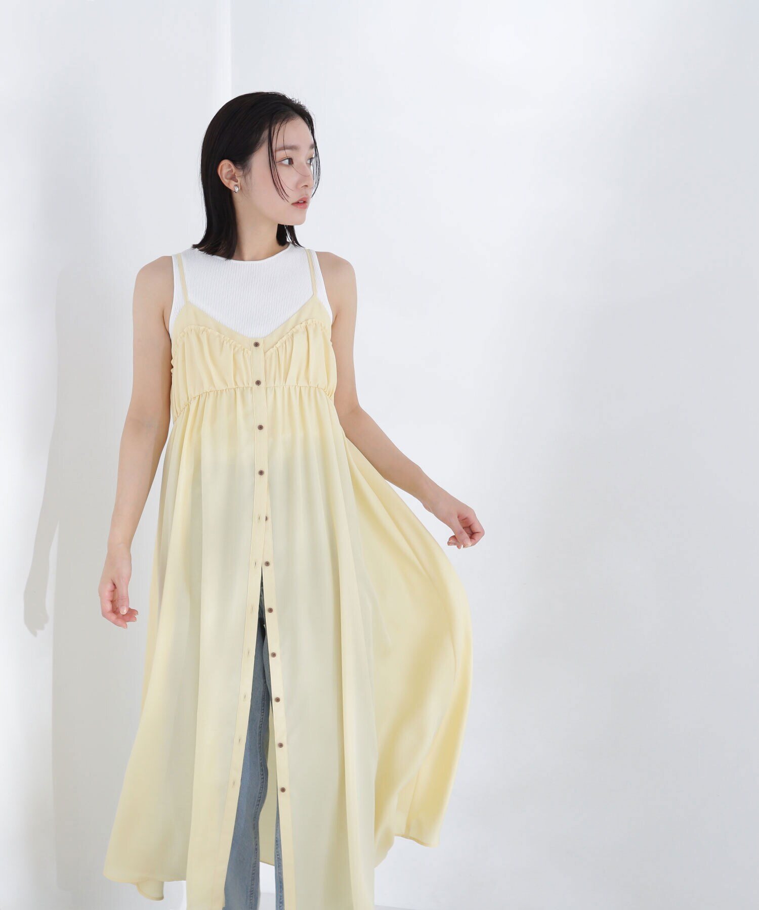 NATURAL BEAUTY BASIC キャザーキャミワンピース ナチュラルビューティベーシック ワンピース・ドレス ワンピース ホワイト イエロー【送料無料】