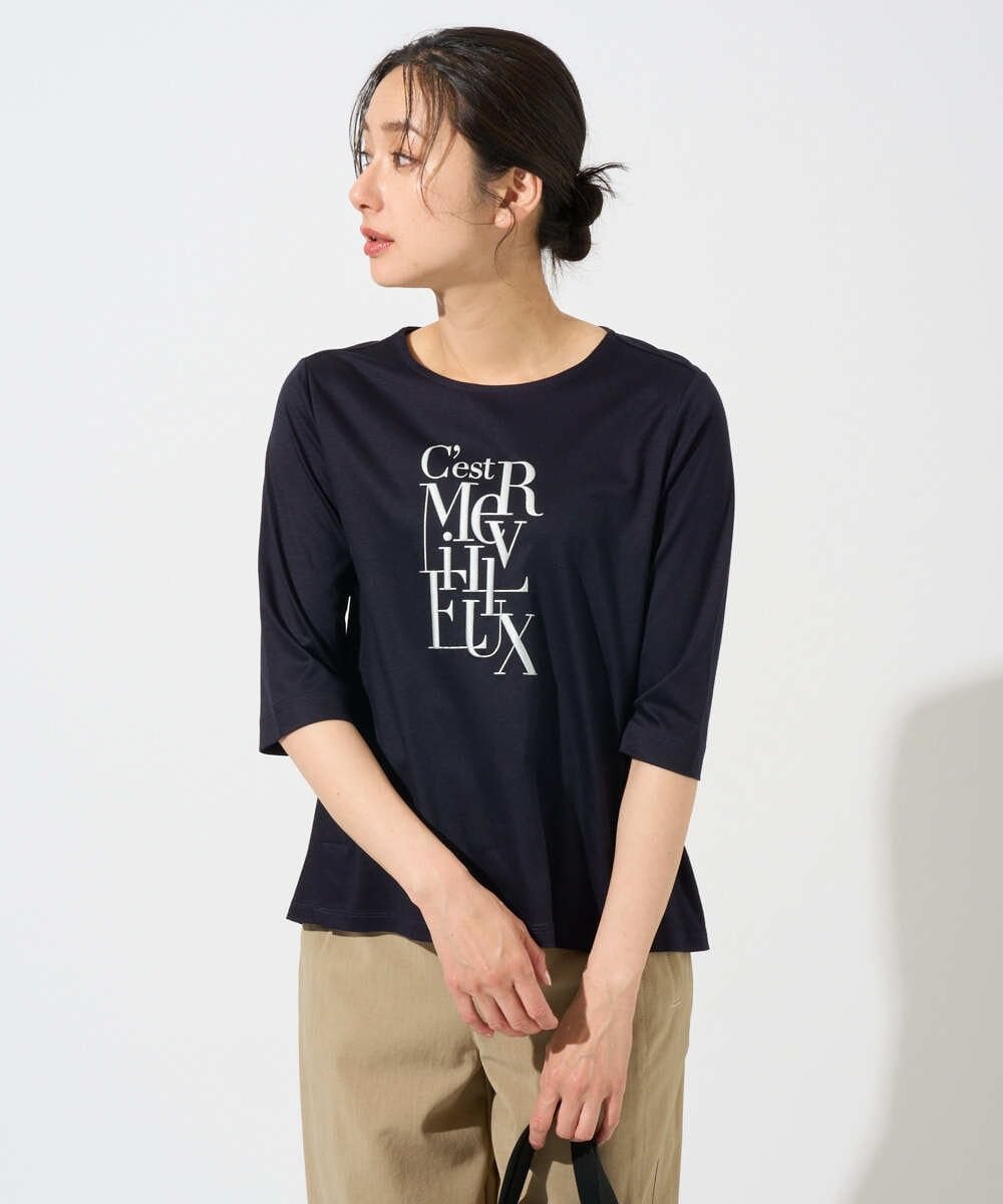 メタリックロゴプリント5分袖カットソー ジョルジュ・レッシュ トップス カットソー・Tシャツ ブルー ネイビー ホワイト