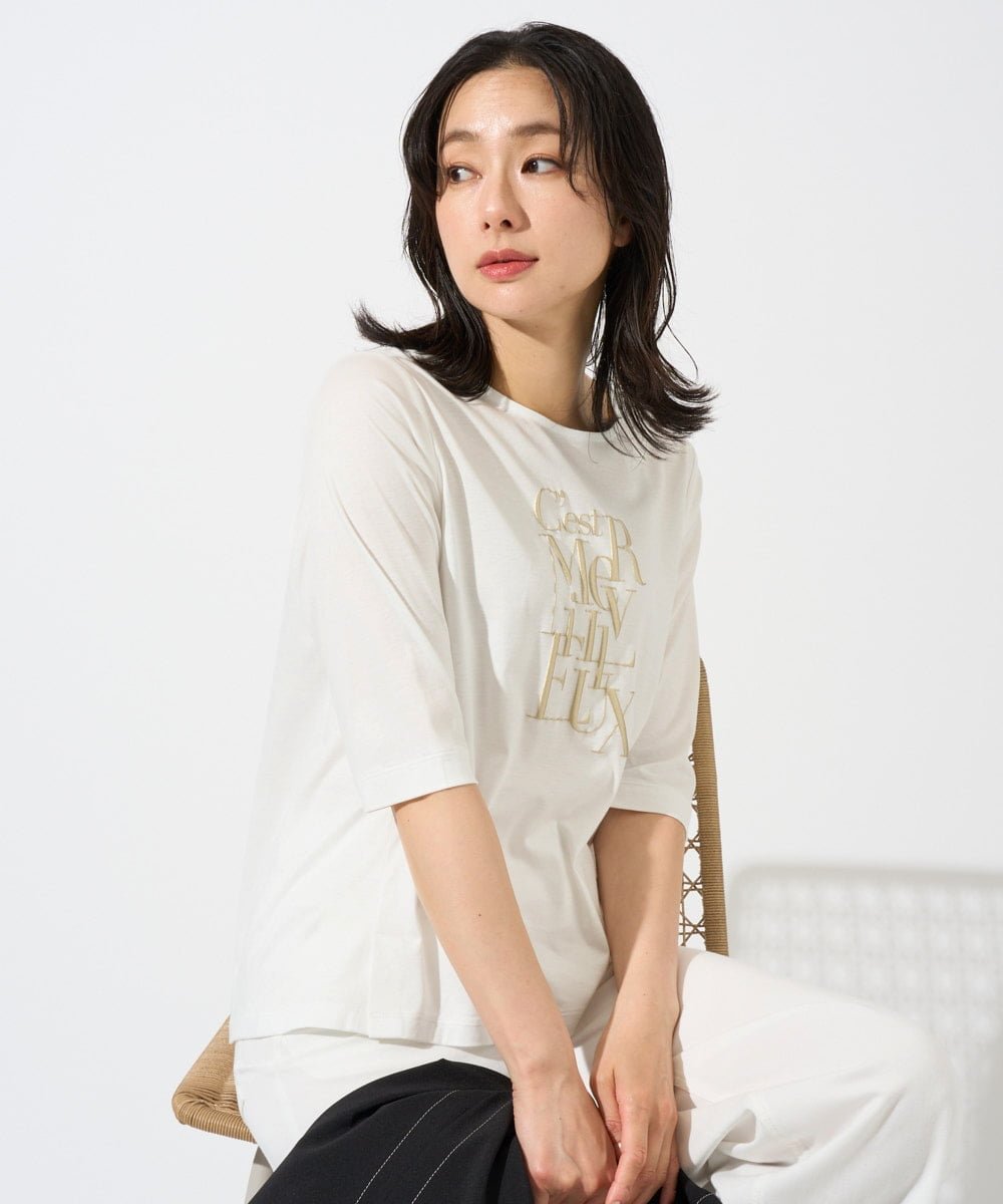 メタリックロゴプリント5分袖カットソー ジョルジュ・レッシュ トップス カットソー・Tシャツ ブルー ネイビー ホワイト