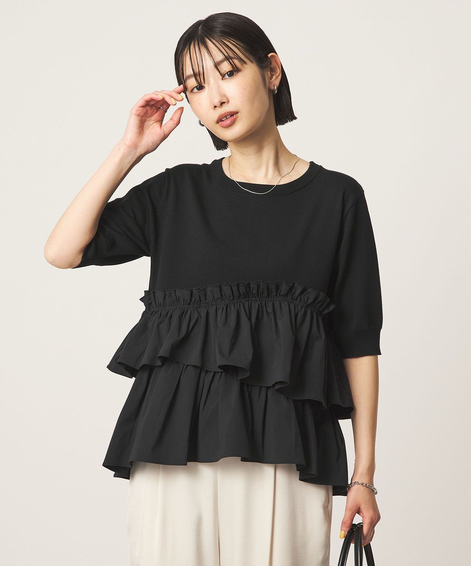UNITED ARROWS green label relaxing ティアード ドッキング 5分袖 プルオーバー ニット ユナイテッドアローズ グリーンレーベルリラクシング トップス ニット ブラック【送料無料】