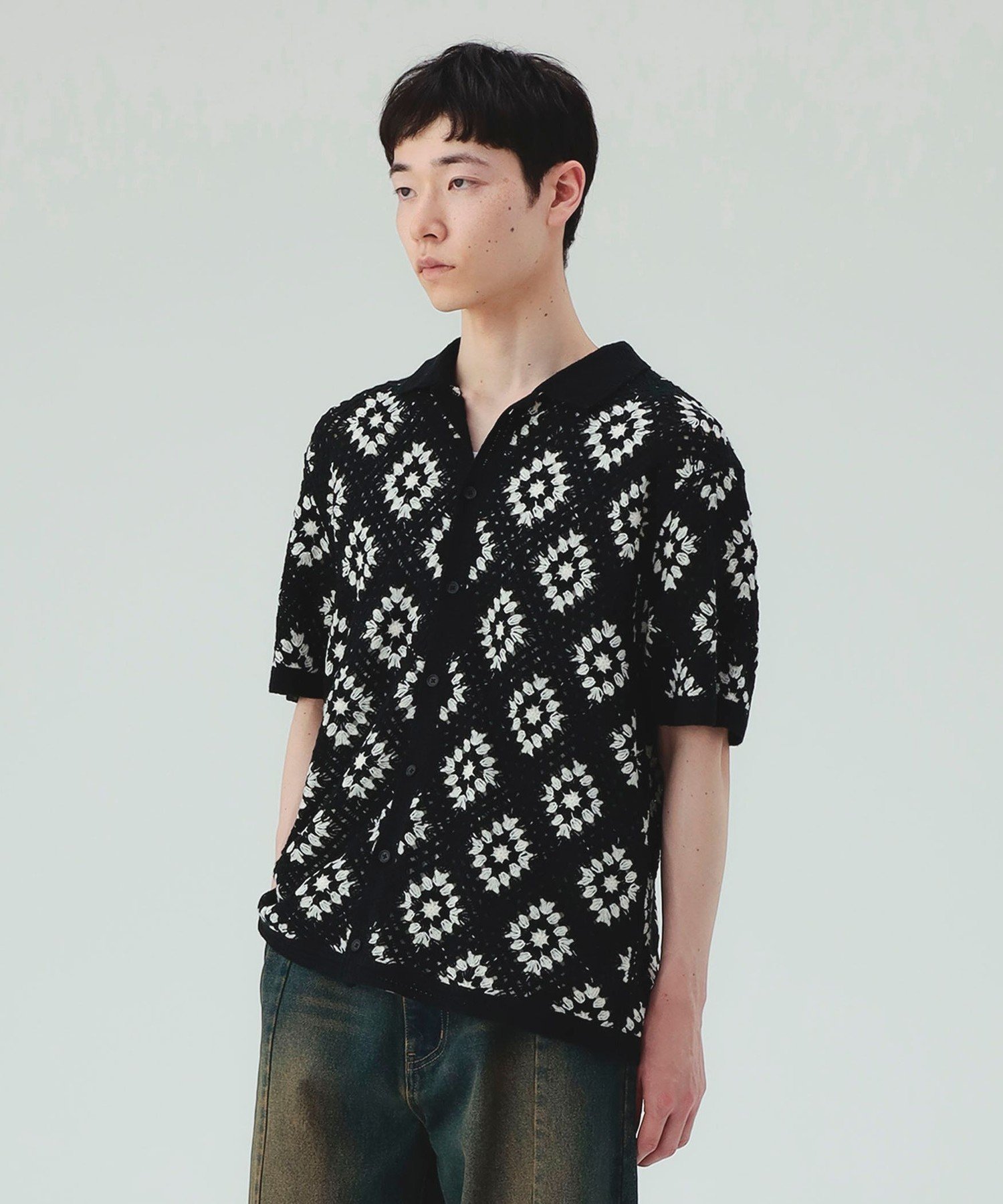 【SALE／20%OFF】BEAMS HEART MEN 【7/9新規値下げ】クロシェ編み ショートスリーブ シャツ ビームス ハート トップス シャツ・ブラウス ブラウン ブラック【送料無料】