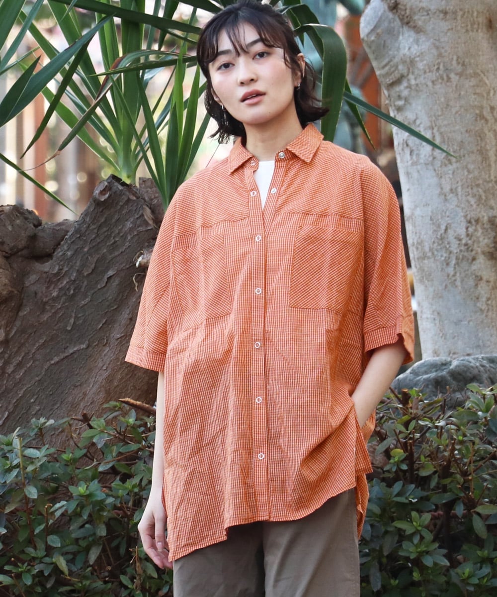 KRIFF MAYER (W)スズシゲワイドシアーシャツ クリフメイヤー トップス シャツ・ブラウス オレンジ ネイビー ホワイト