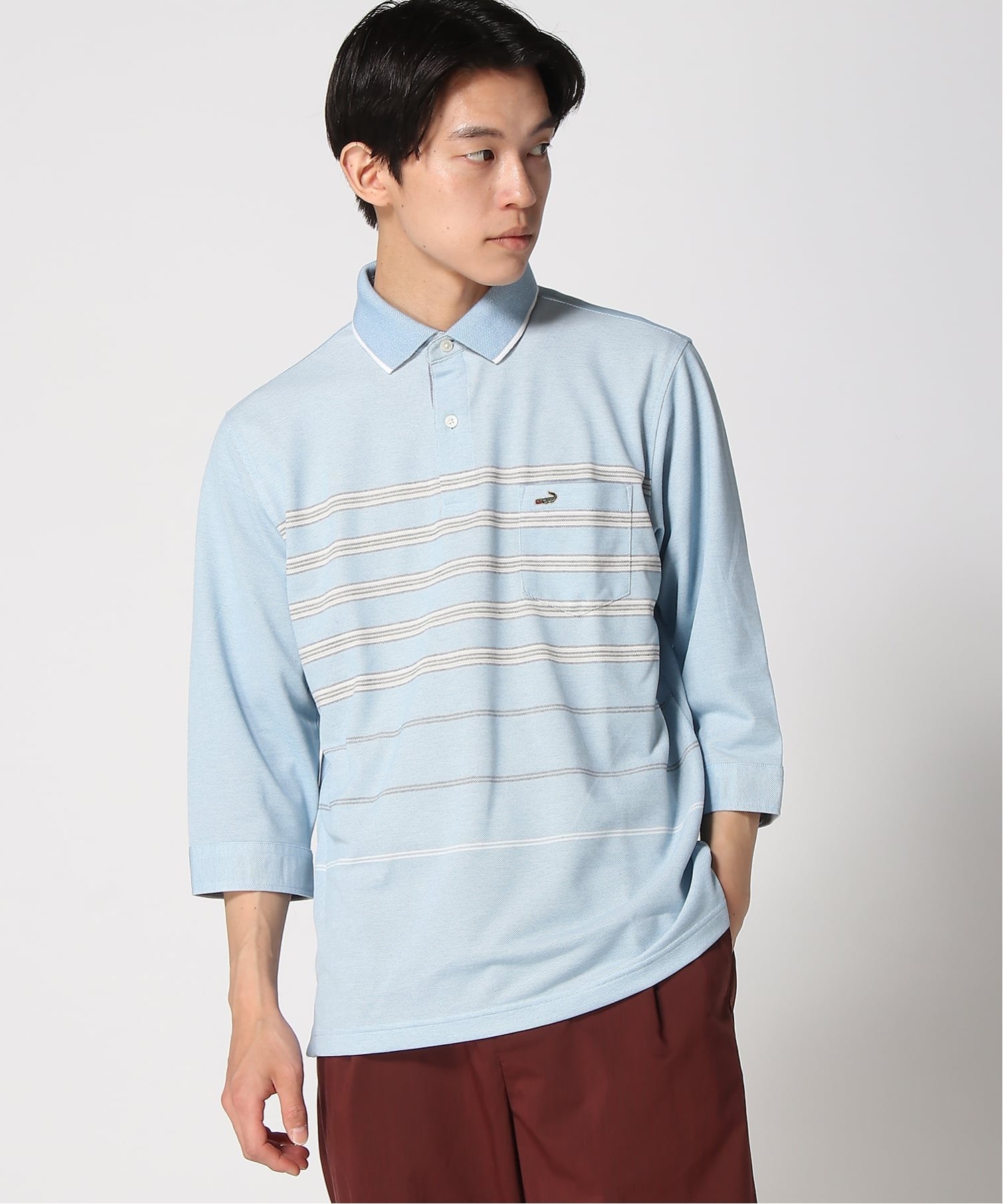 CROCODILE (M)パネルボーダー 7分袖 ポロシャツ【吸汗速乾】 クロコダイル トップス ポロシャツ ブルー レッド【送料無料】