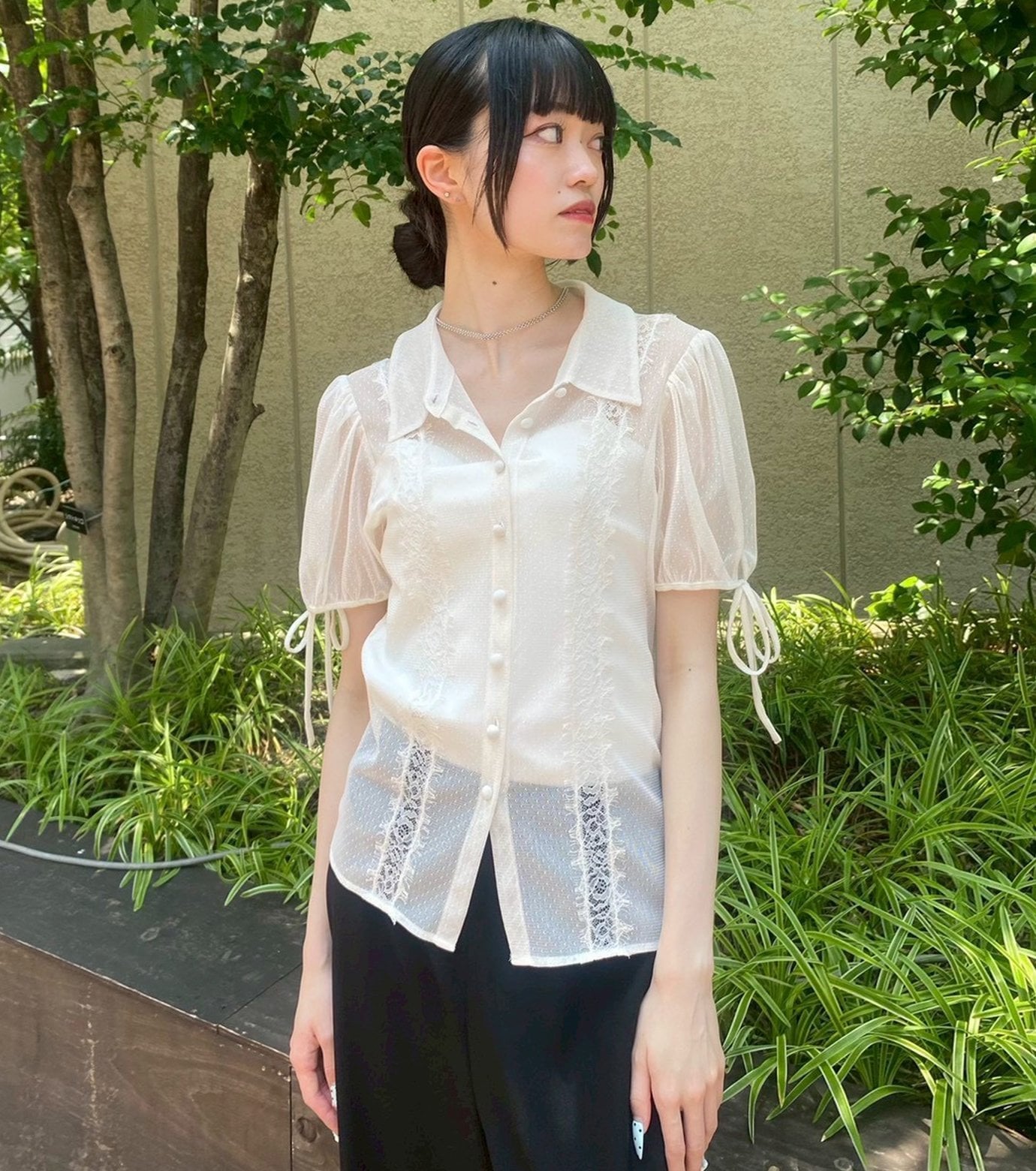 LE CIEL BLEU ドットチュールアンドレースブラウス / Dot Tulle & Lace Blouse ルシェルブルー トップス シャツ・ブラウス ネイビー ホワイト ブラック