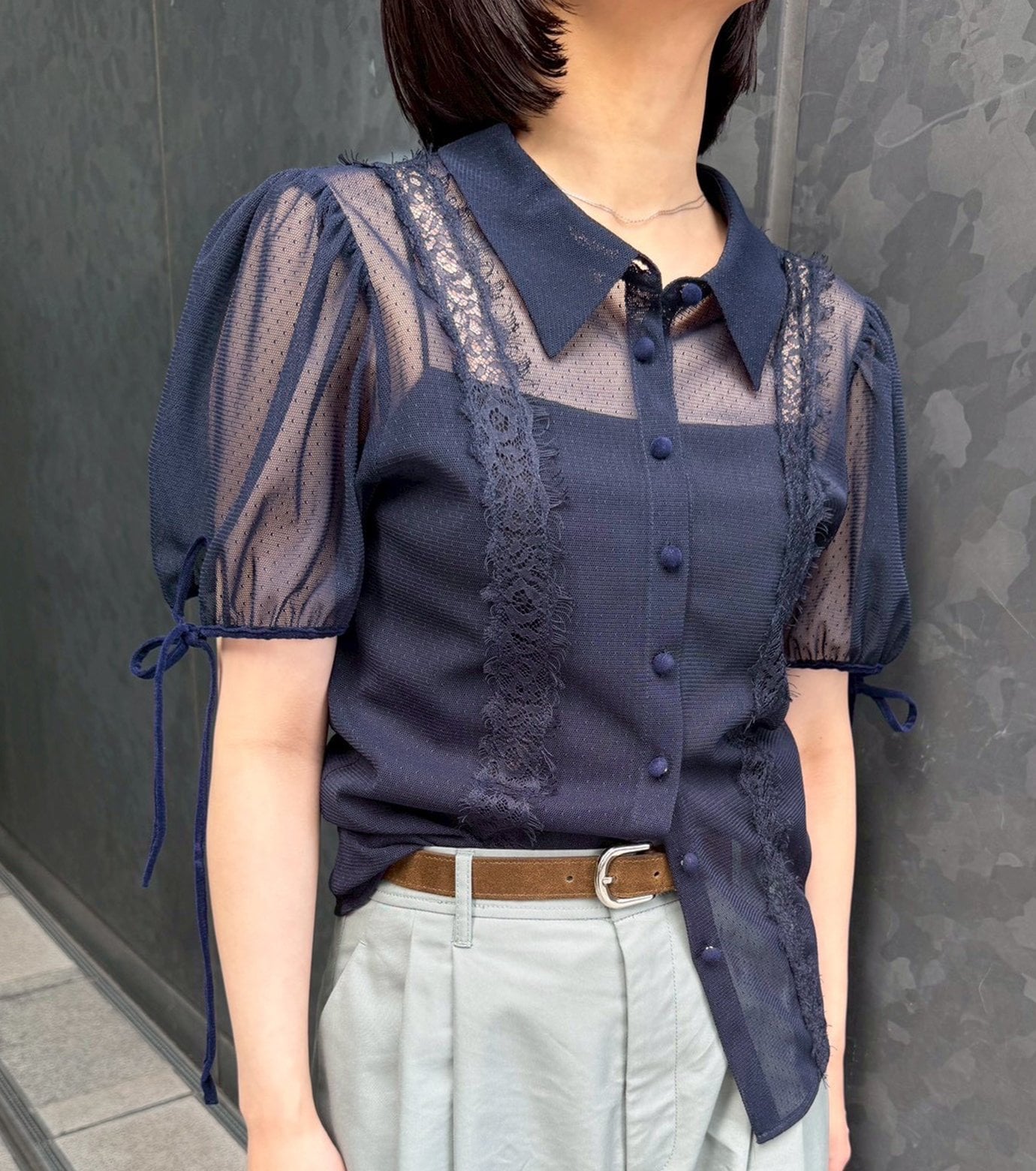 LE CIEL BLEU ドットチュールアンドレースブラウス / Dot Tulle & Lace Blouse ルシェルブルー トップス シャツ・ブラウス ネイビー ホワイト ブラック