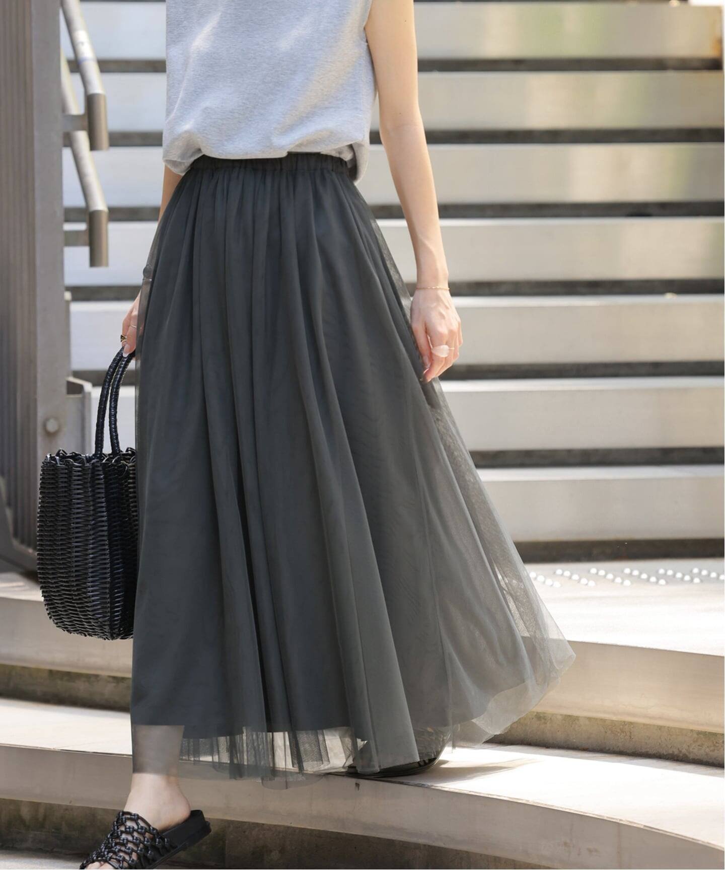 JOURNAL STANDARD relume 《WEB限定追加》ウォッシャブルチュールイージースカート ジャーナル スタンダード レリューム スカート ロング・マキシスカート グレー ブラック