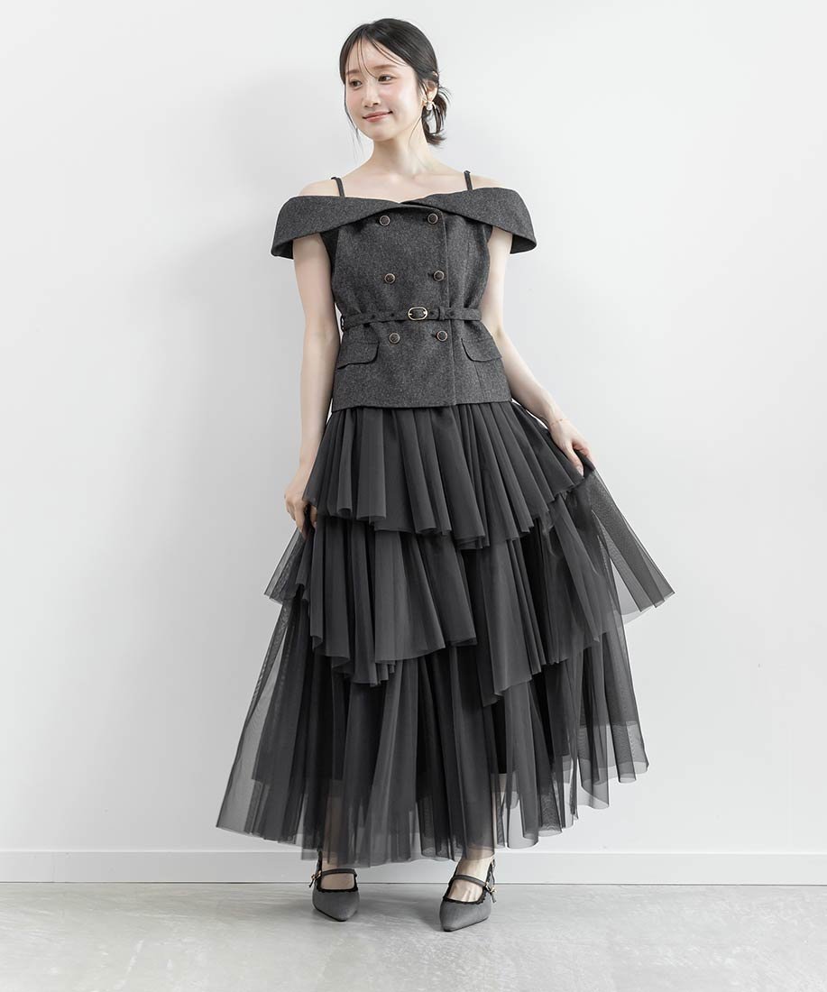 RANDA オフショルトップス*ティアードチュールスカートセット ランダ ワンピース・ドレス その他のワンピース・ドレス ブラウン ホワイト ブラック