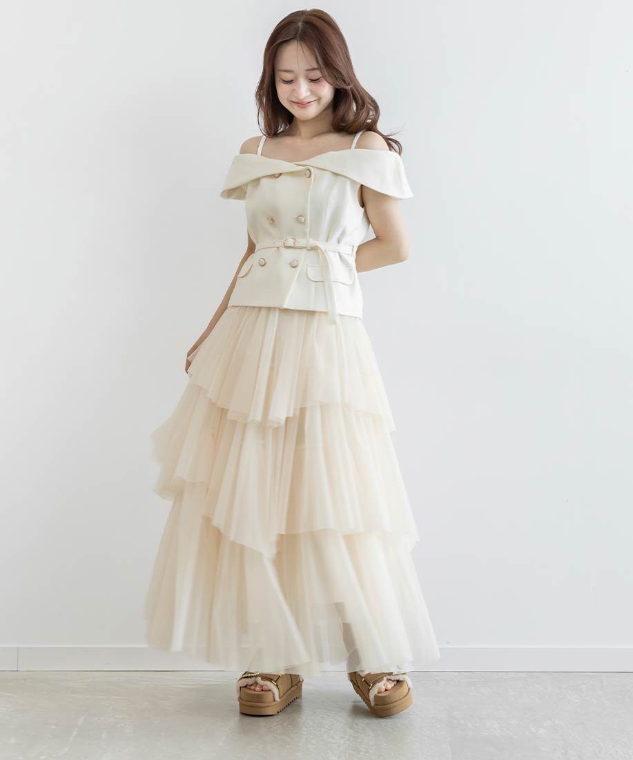 RANDA オフショルトップス*ティアードチュールスカートセット ランダ ワンピース・ドレス その他のワンピース・ドレス ブラウン ホワイト ブラック