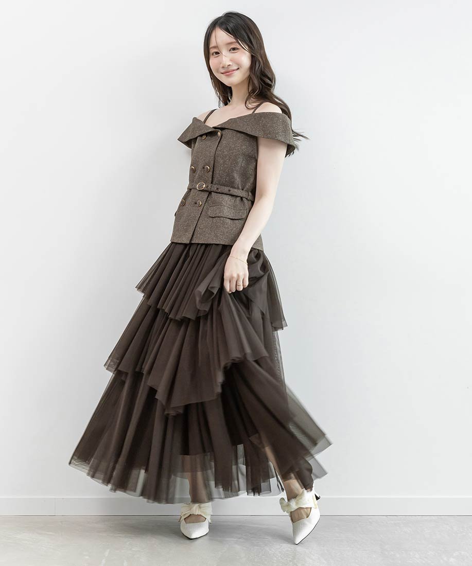 RANDA オフショルトップス*ティアードチュールスカートセット ランダ ワンピース・ドレス その他のワンピース・ドレス ブラウン ホワイト ブラック【送料無料】