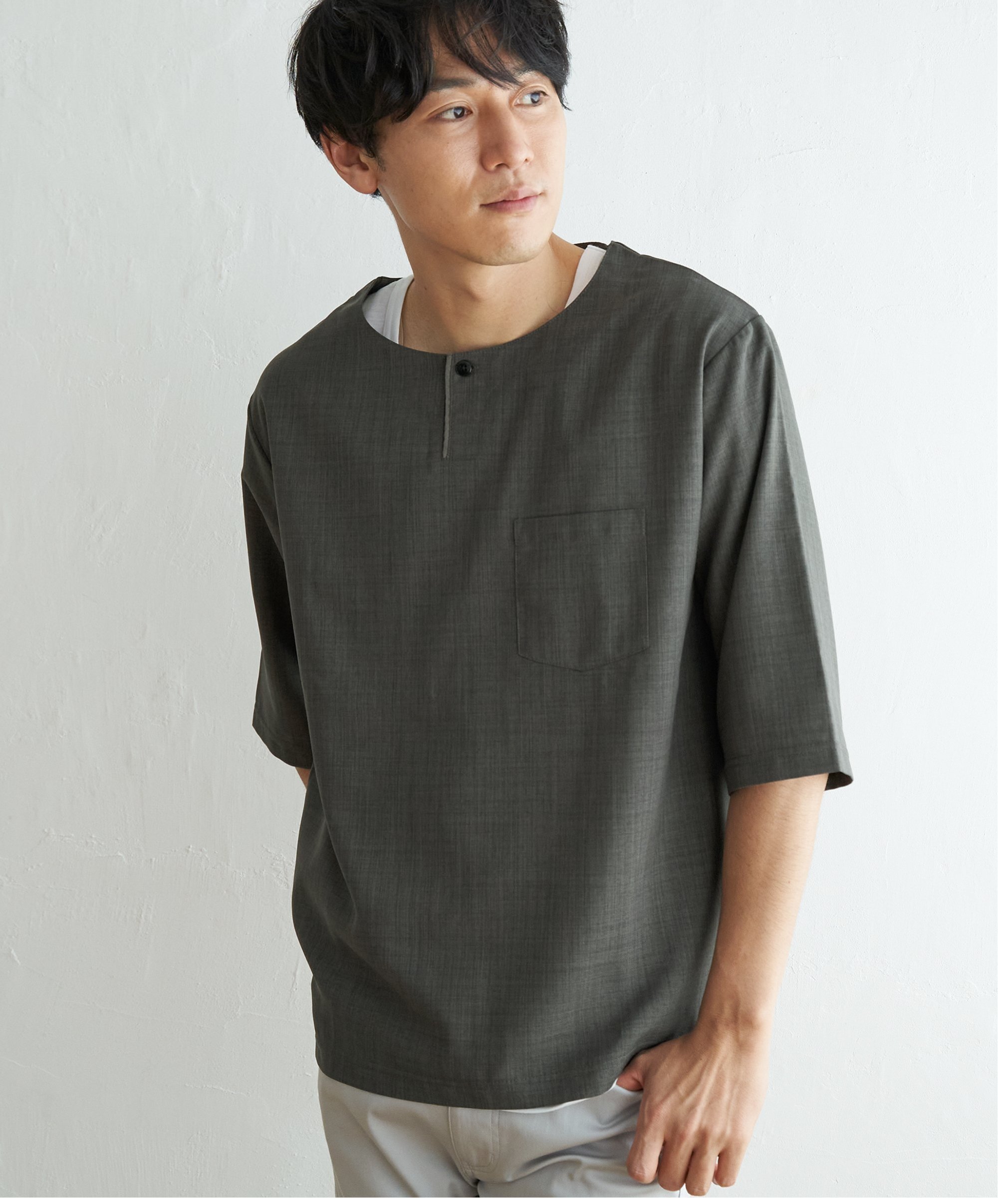 【SALE／50%OFF】ikka 6.5分シャツTインナーセット イッカ トップス シャツ・ブラウス グリーン グレー ベージュ ネイビー