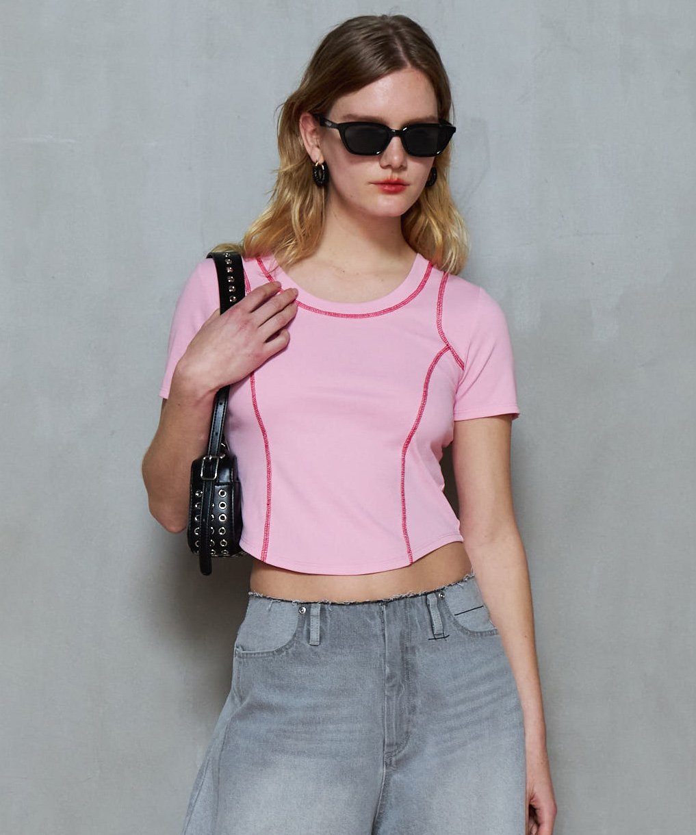 MAISON SPECIAL Bicolor Stitch Compact T-shirt メゾンスペシャル トップス カットソー・Tシャツ ピンク ホワイト グレー