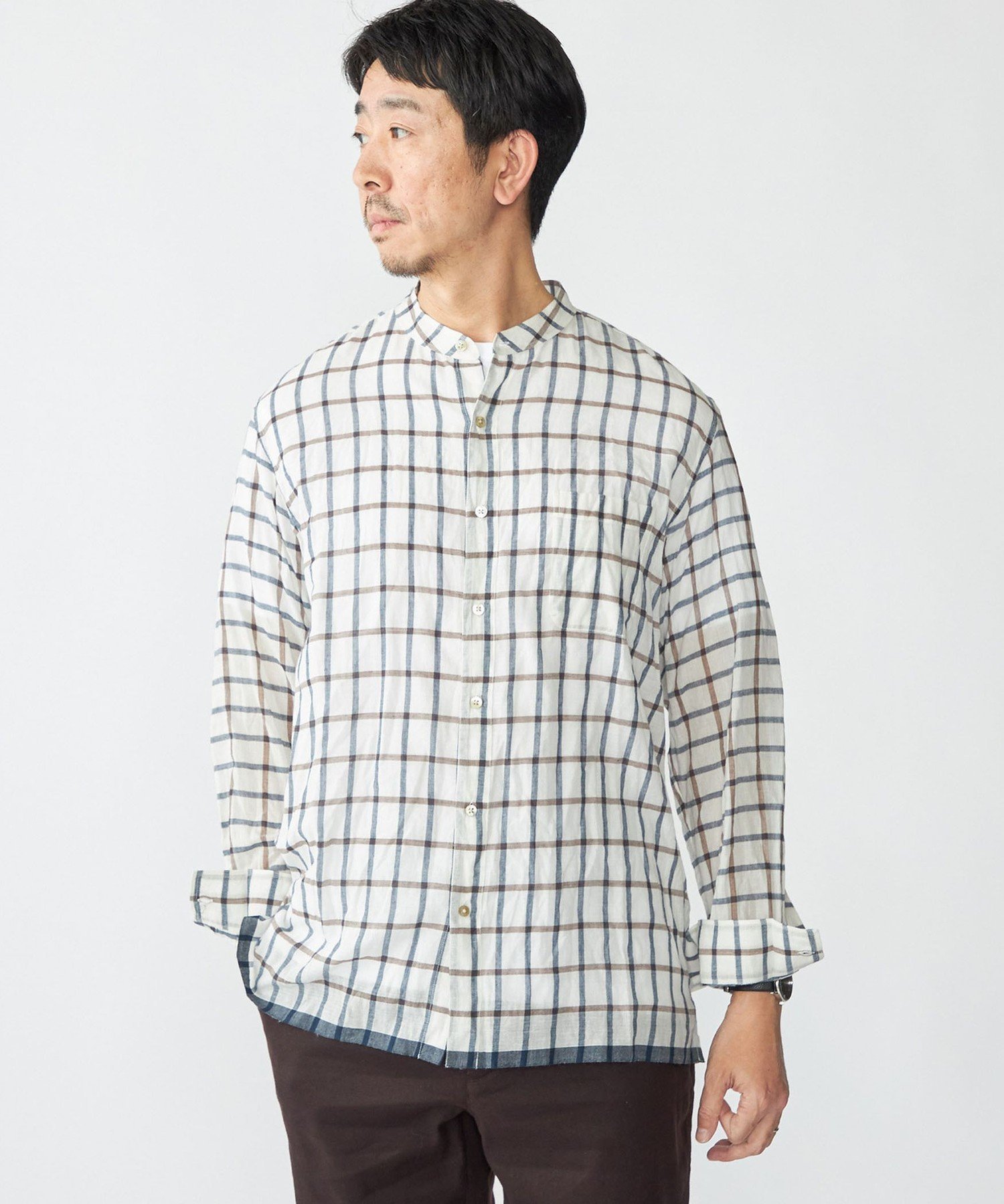【SALE／50%OFF】SHIPS MEN SHIPS: インディア バンドカラー ロングスリーブ シャツ シップス トップス シャツ・ブラウス ホワイト ブラウン【送料無料】