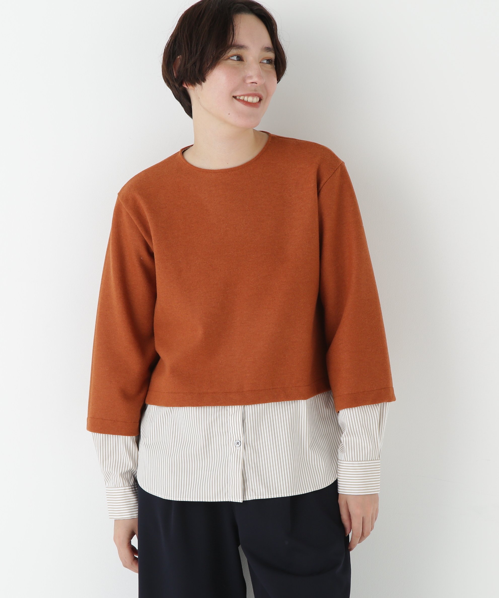 human woman ◆シャツドッキングミルドジャージープルオーバー ヒューマン ウーマン トップス カットソー・Tシャツ ネイビー オレンジ ブラウン