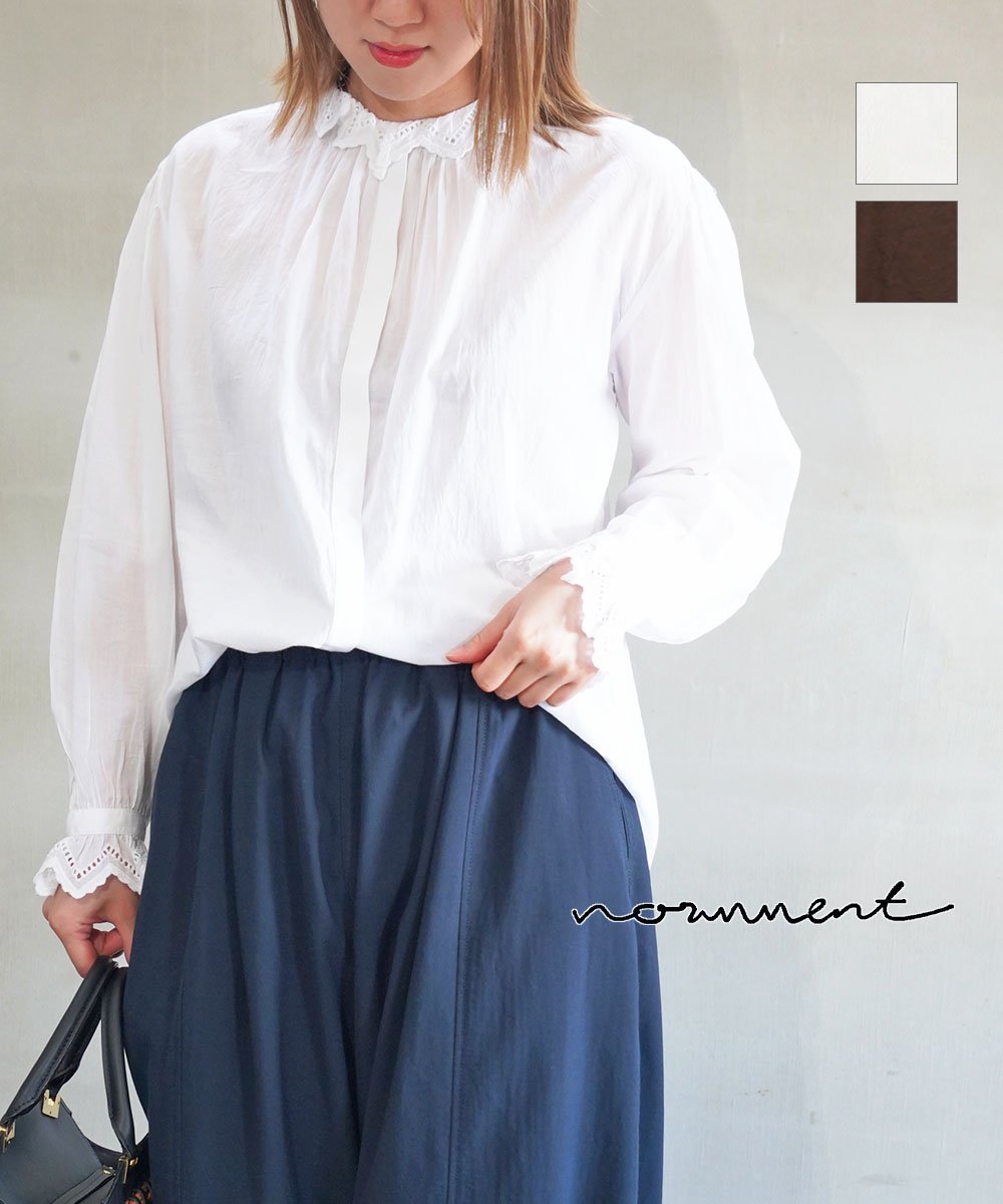 normment ノーメント スカラップ刺繍フリルブラウス ブルーコムブルー トップス シャツ・ブラウス ホワイト