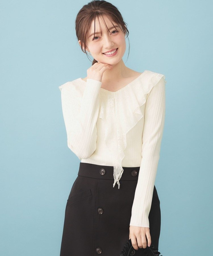 【SALE／30%OFF】index レースフリルVネックリブニット【洗濯機OK/抗ピル】 インデックス トップス ニット オレンジ ブラック ホワイト