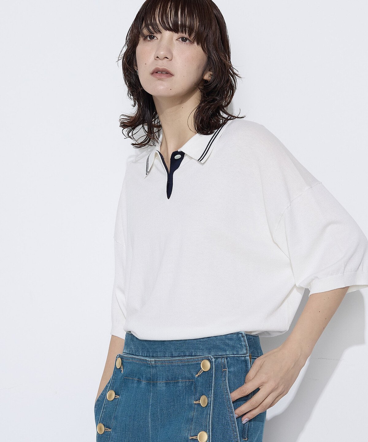 COMME CA Wardrobe [ +サイズ ] 14G天竺編 ポロ襟ニット コムサ トップス ニット グレー ホワイト ネイビー【送料無料】