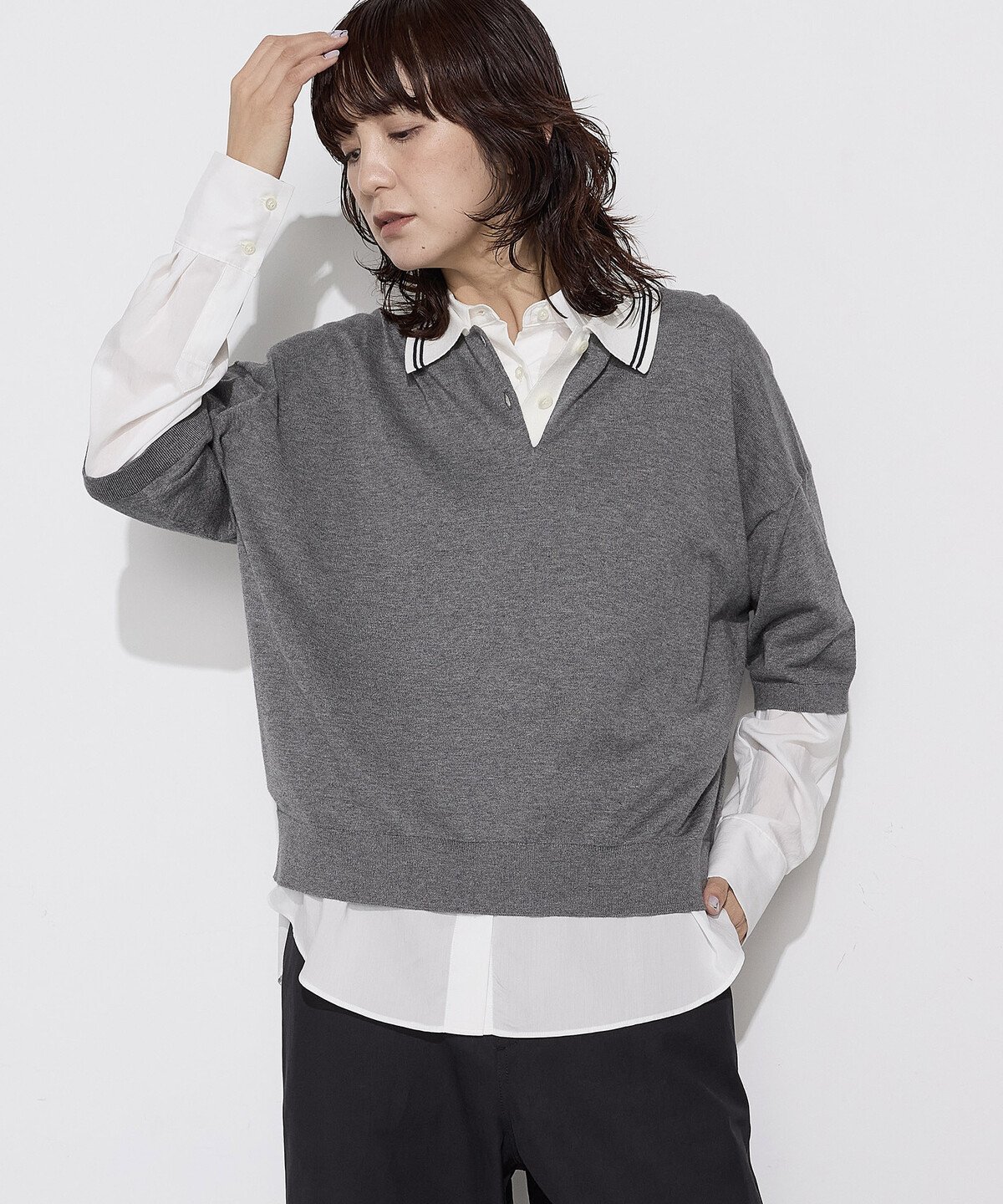 COMME CA Wardrobe [ +サイズ ] 14G天竺編 ポロ襟ニット コムサ トップス ニット グレー ホワイト ネイビー【送料無料】