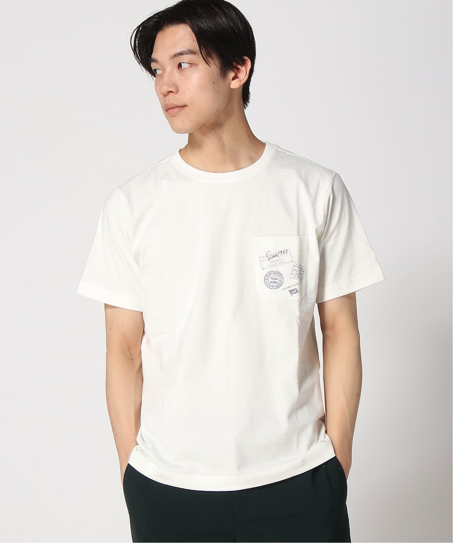 (M)シャドーボーダー プリント Tシャツ 【吸汗速乾】 クロコダイル トップス カットソー・Tシャツ ホワイト イエロー ブルー