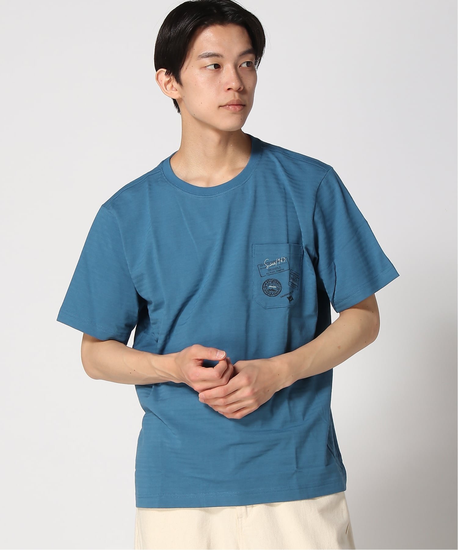 (M)シャドーボーダー プリント Tシャツ 【吸汗速乾】 クロコダイル トップス カットソー・Tシャツ ホワイト イエロー ブルー