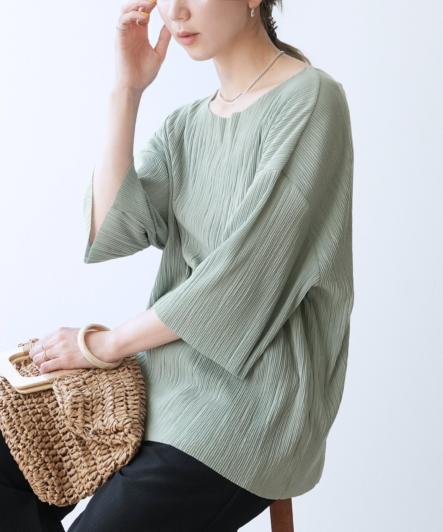 reca 細プリーツ七分袖カットソー(260401) reca レカ レカ トップス カットソー・Tシャツ グリーン ネイビー ホワイト
