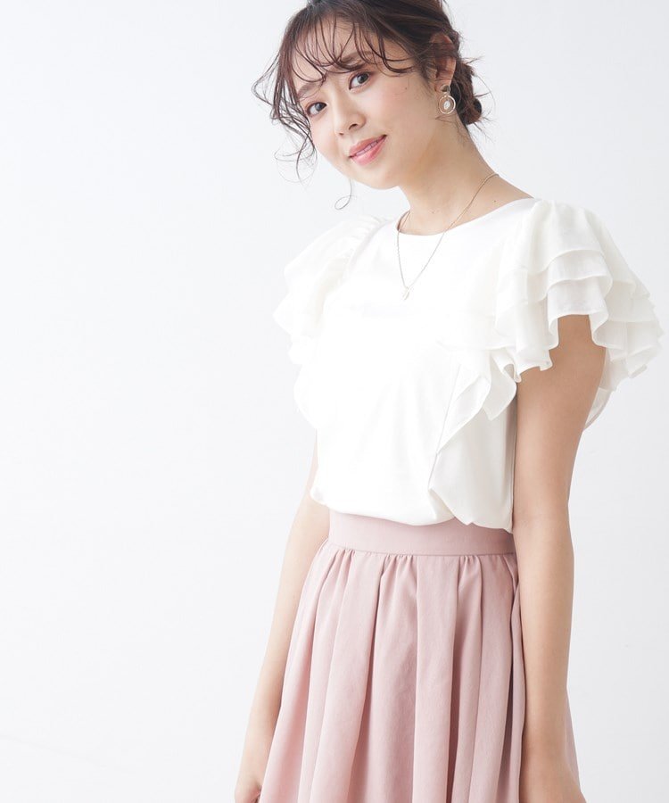 【SALE／4%OFF】Couture brooch 【大人可愛い華盛りデザイン】シアーラッフルスリーブTシャツ クチュールブローチ トップス カットソー・Tシャツ ホワイト ブラック カーキ【送料無料】のサムネイル