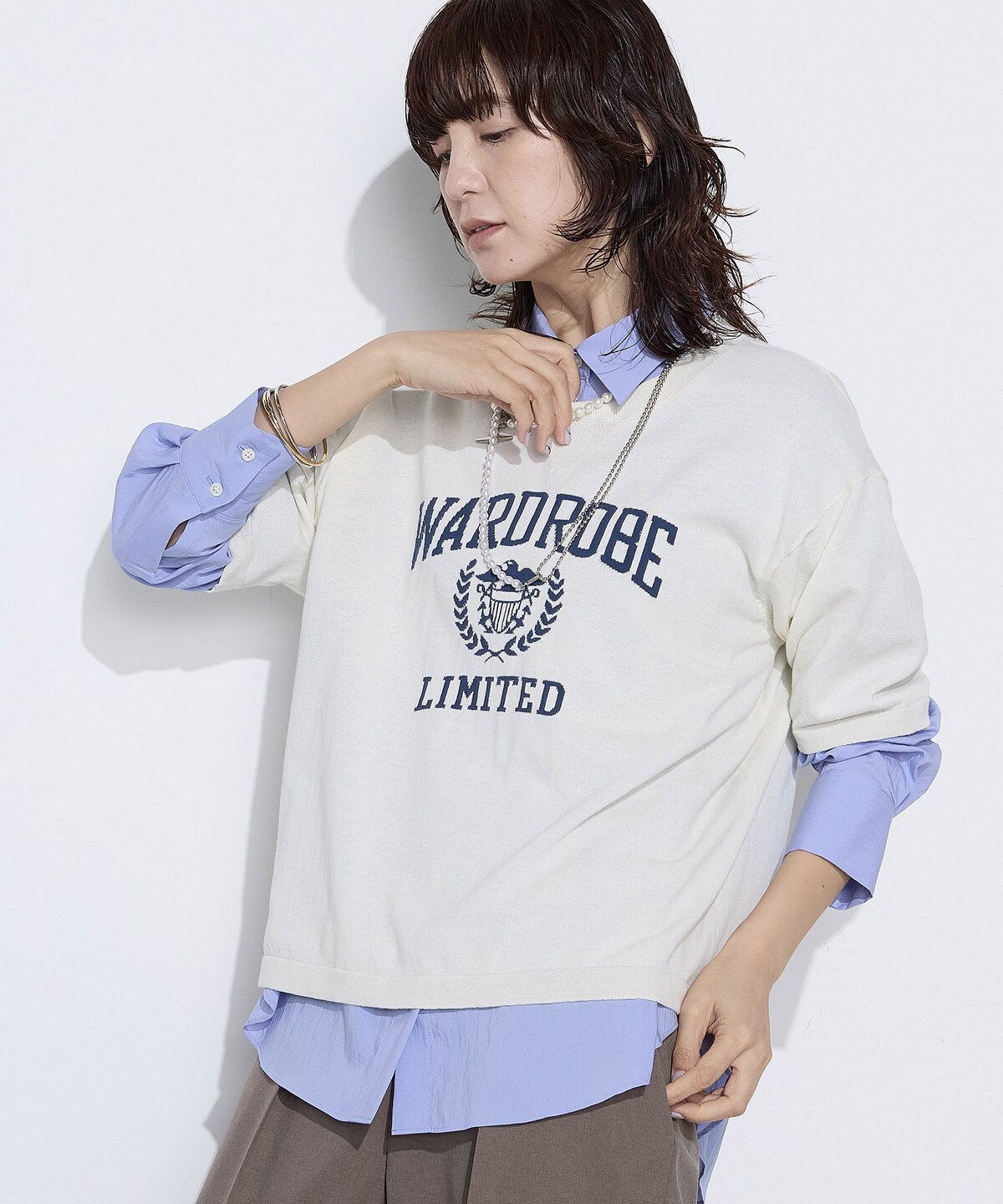 COMME CA Wardrobe 14G強撚綿 ジャカードニットプルオーバー コムサ トップス ニット ホワイト ネイビー【送料無料】