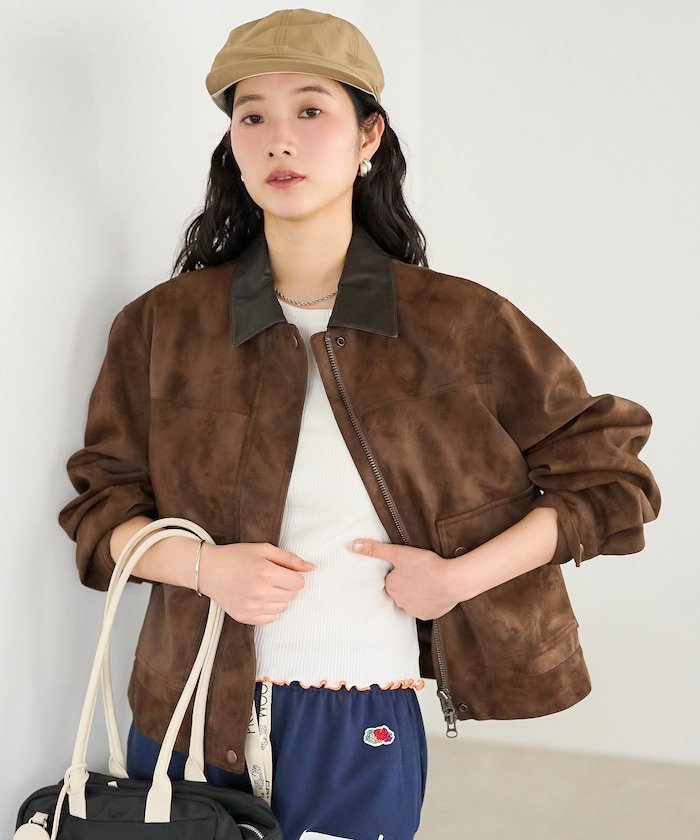 FREAK'S STORE レザレット 2WAY ショートブルゾン/フェイクレザーブルゾン/ノーカラー/ 襟切替 フリークスストア ジャケット・アウター ブルゾン・ジャンパー ブラウン ブラック【送料無料】