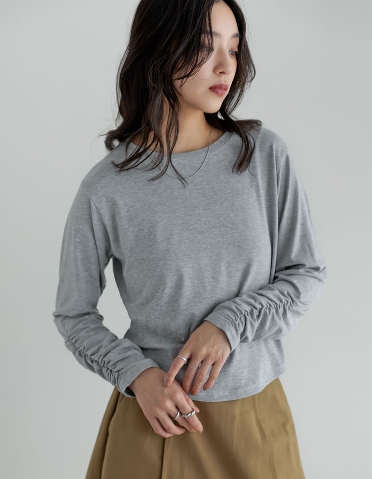 Re:EDIT アンチピリング袖シャーリングトップス リエディ トップス カットソー・Tシャツ ブラウン グレー ブラック ホワイト レッド