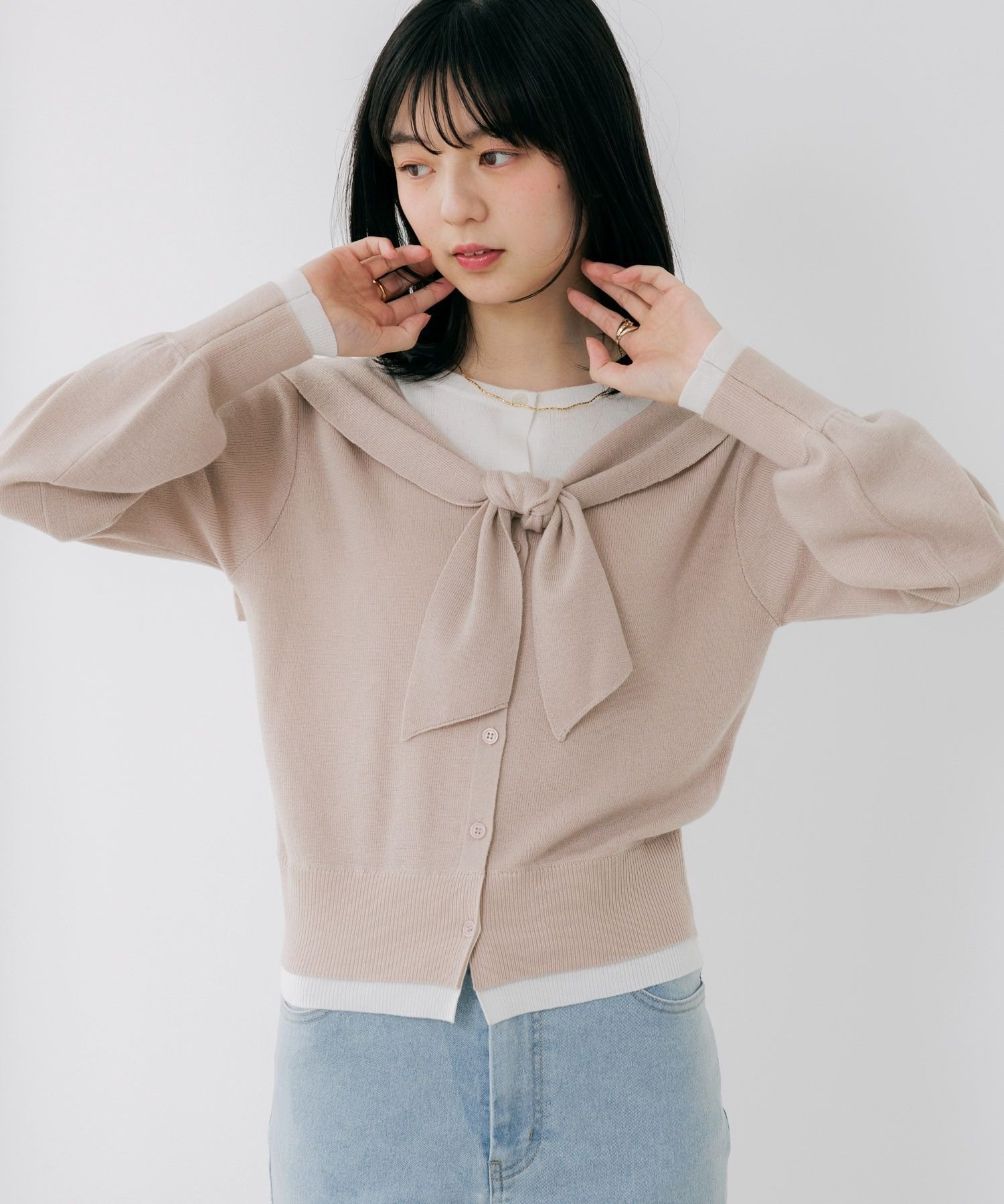 Heather レイヤードスカーフニット ヘザー トップス ニット グレー ベージュ ネイビー