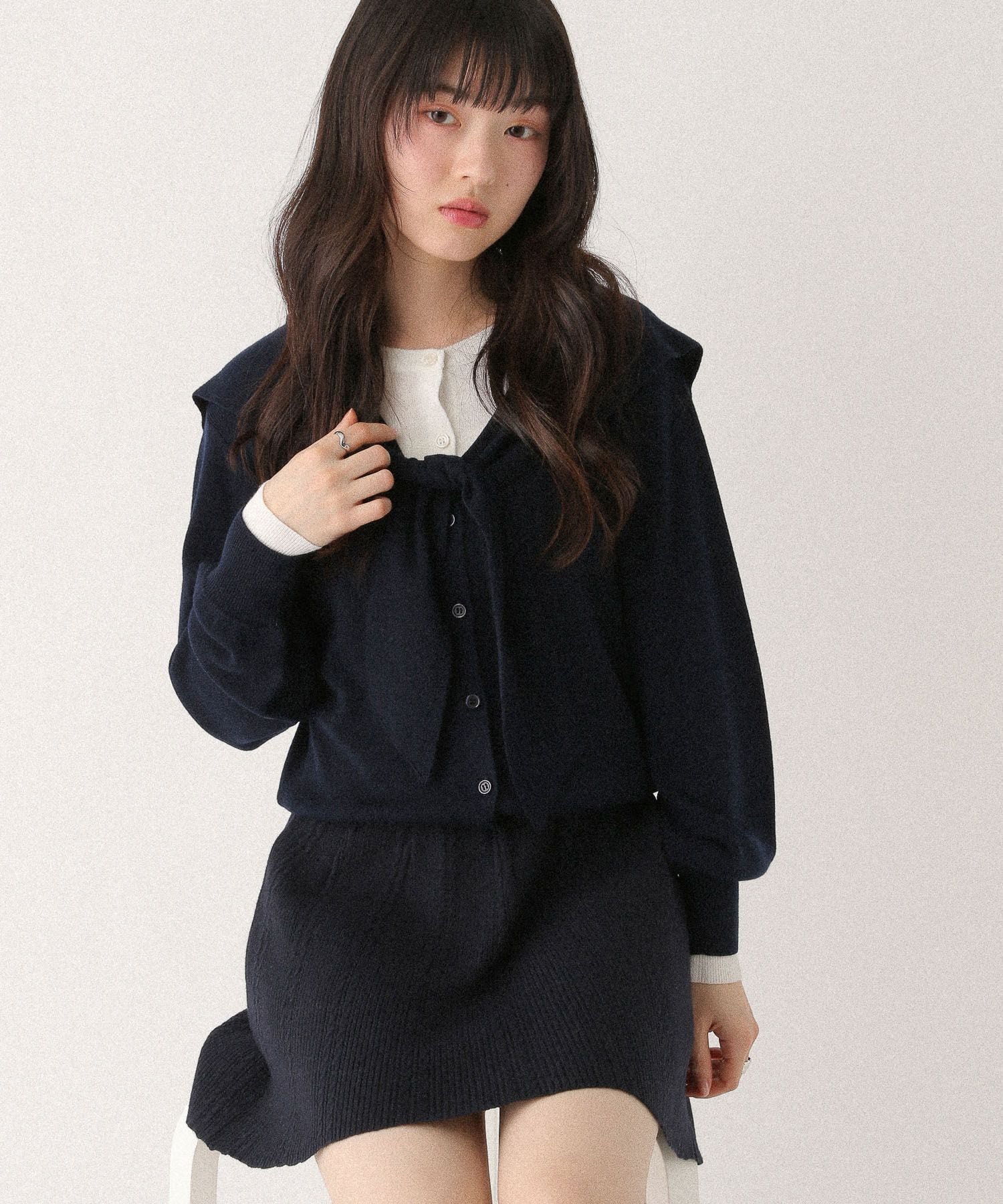 Heather レイヤードスカーフニット ヘザー トップス ニット グレー ベージュ ネイビー