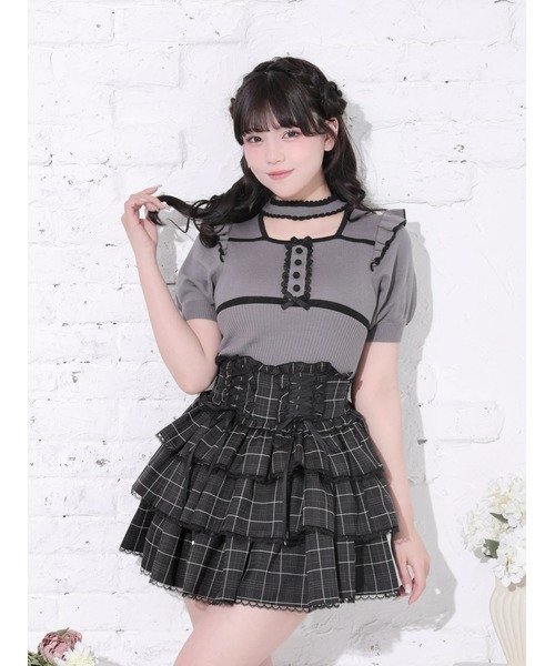 NOEMIE パイピング配色ニットトップス ノエミー トップス ニット グレー ホワイト【送料無料】