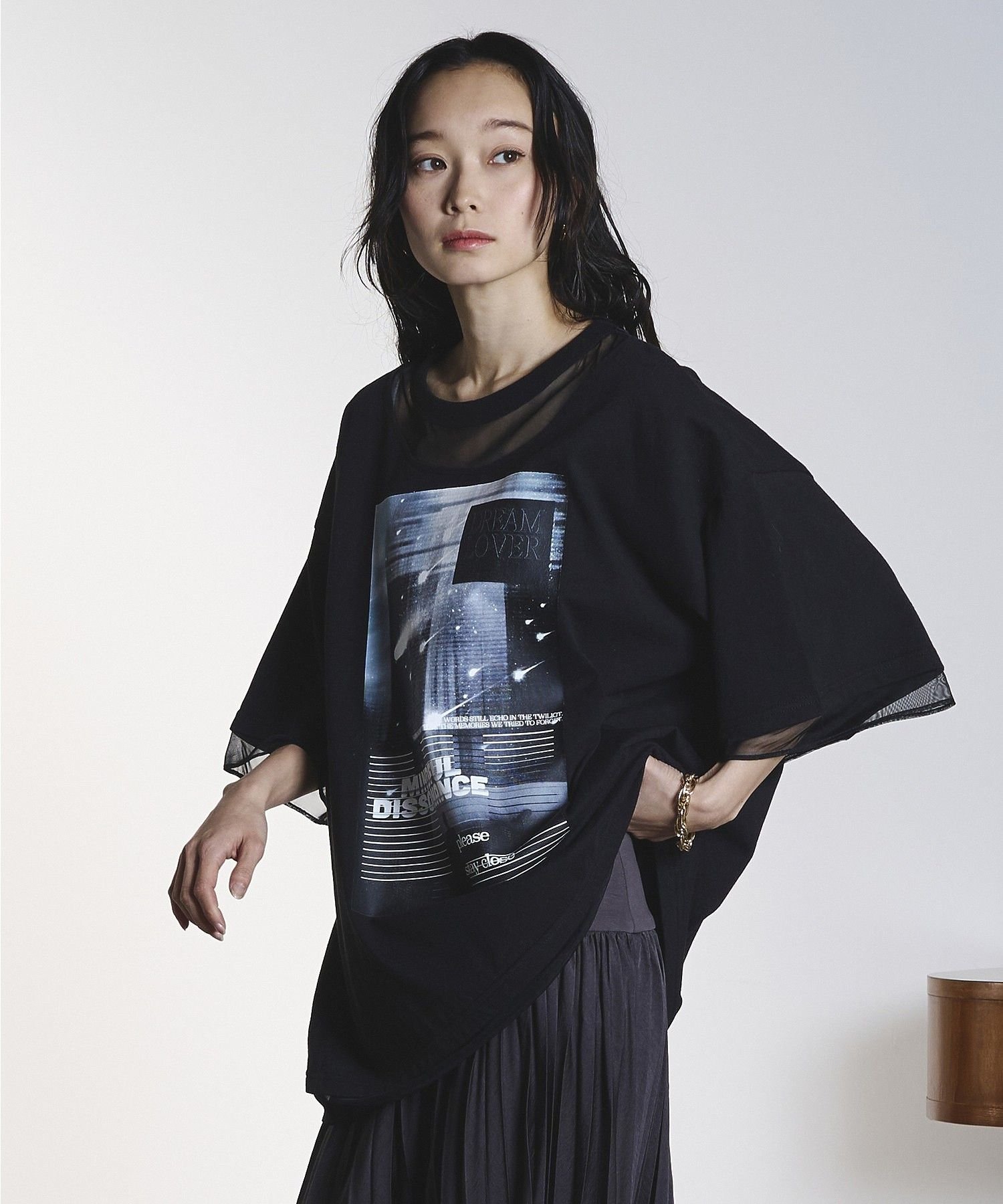 ROSE BUD MESH MIX GRAPHIC TEE ローズバッド トップス カットソー・Tシャツ ブラック ホワイト