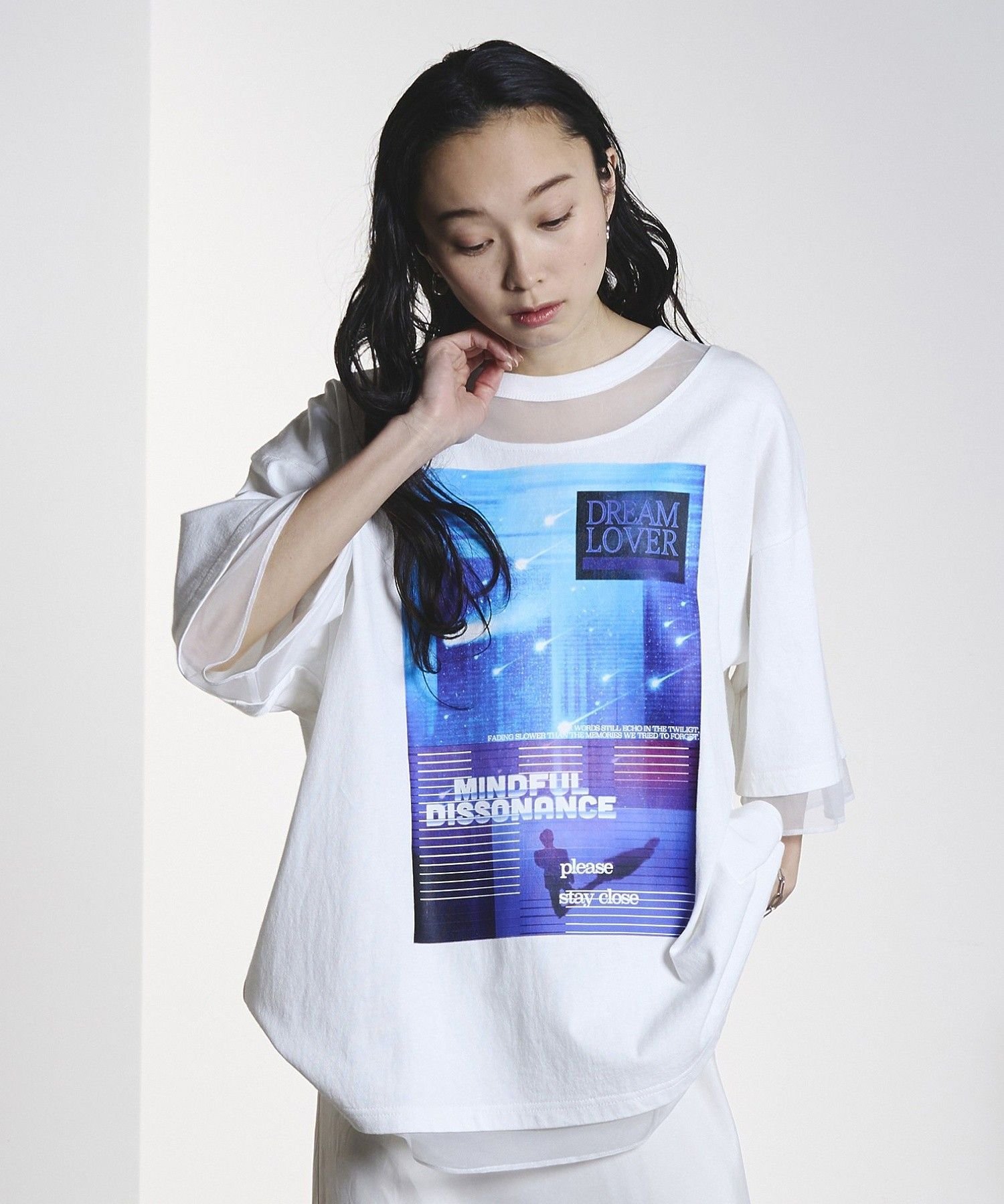 ROSE BUD MESH MIX GRAPHIC TEE ローズバッド トップス カットソー・Tシャツ ブラック ホワイト