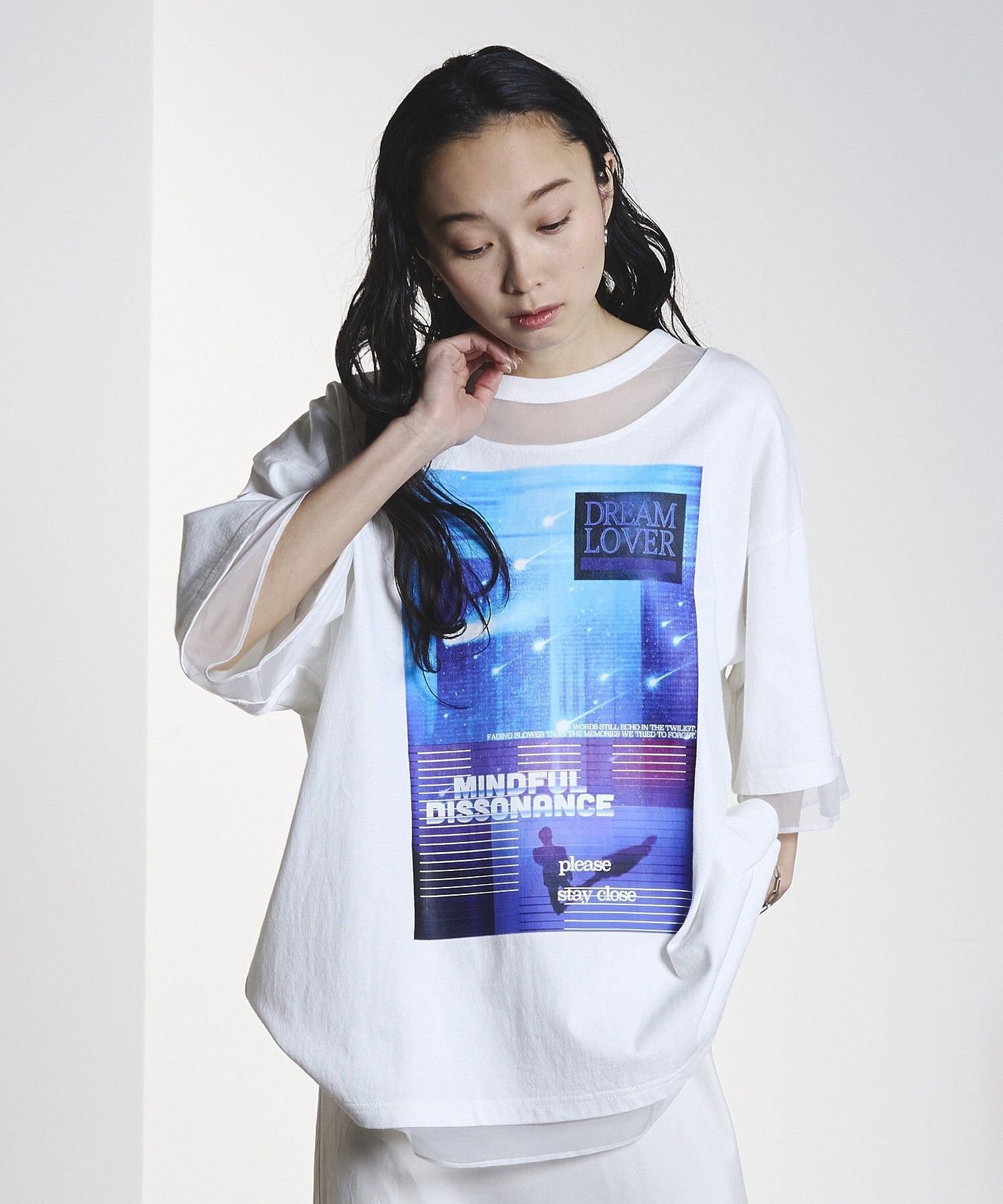 ROSE BUD MESH MIX GRAPHIC TEE ローズバッド トップス カットソー・Tシャツ ブラック ホワイト