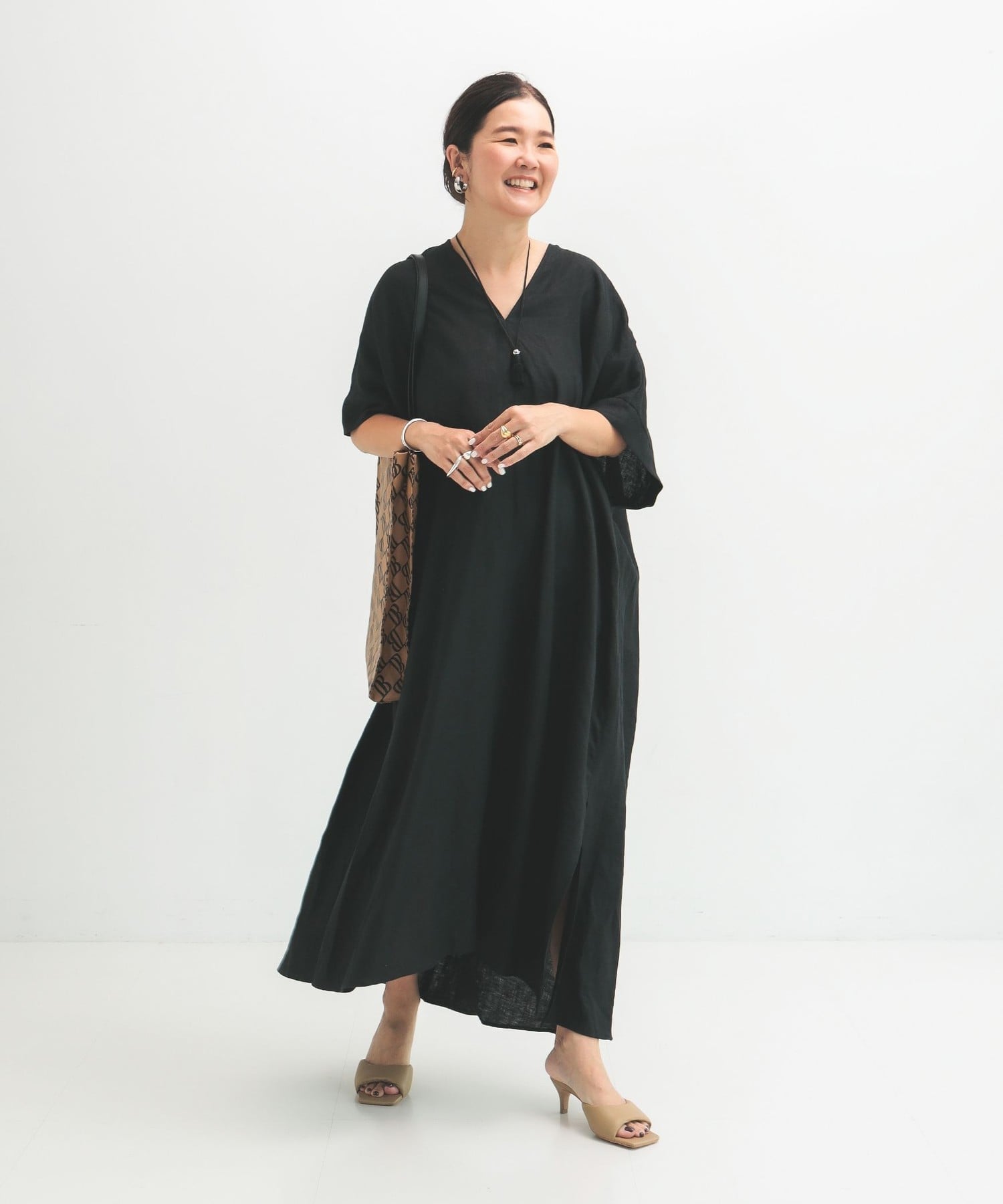 Demi-Luxe BEAMS リネン カフタン ワンピース デミルクス ビームス ワンピース・ドレス ワンピース ブラック【送料無料】