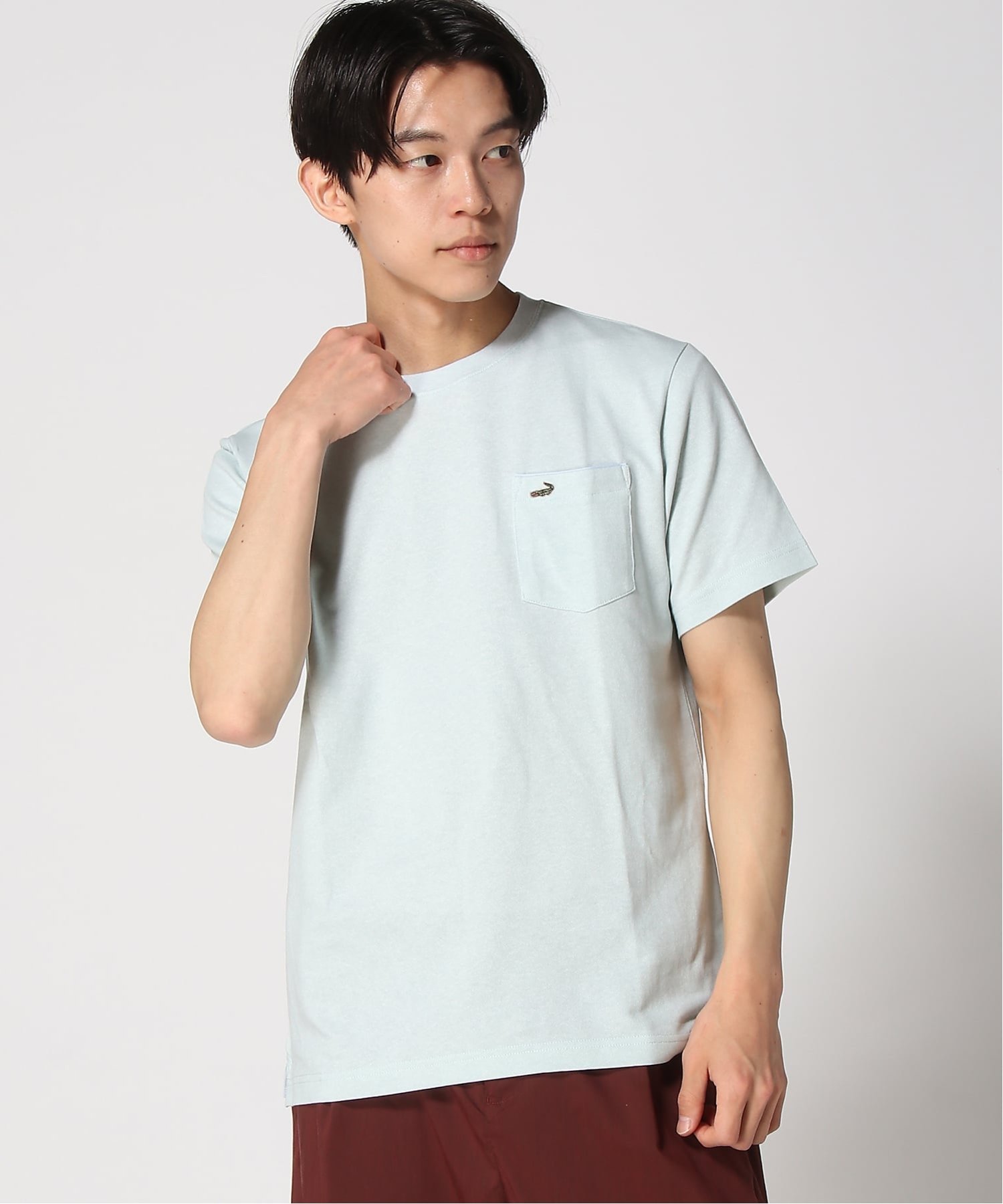 (M)リネンライク ポケットパイピング Tシャツ クロコダイル トップス カットソー・Tシャツ ネイビー ピンク グリーン